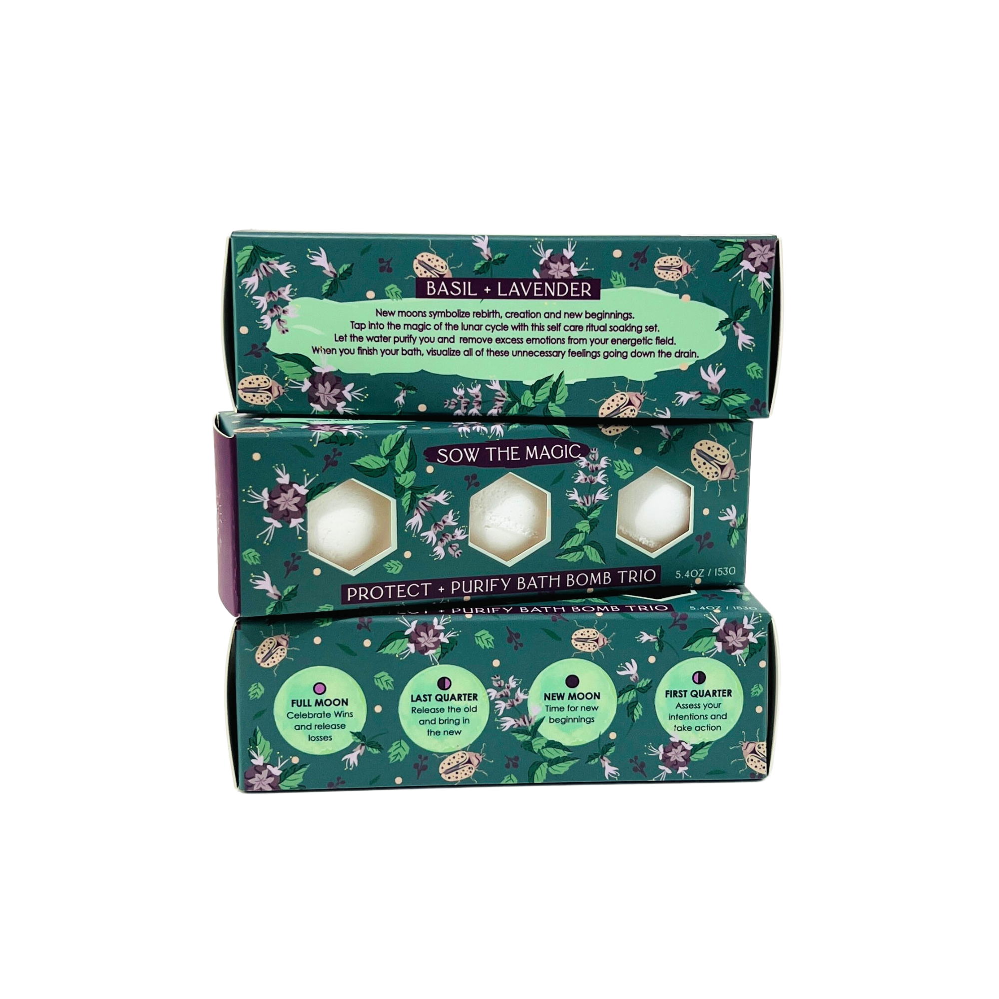 Multiple Protect + Purify Bath Bomb Trio boxes featuring basil and lavender ingredients