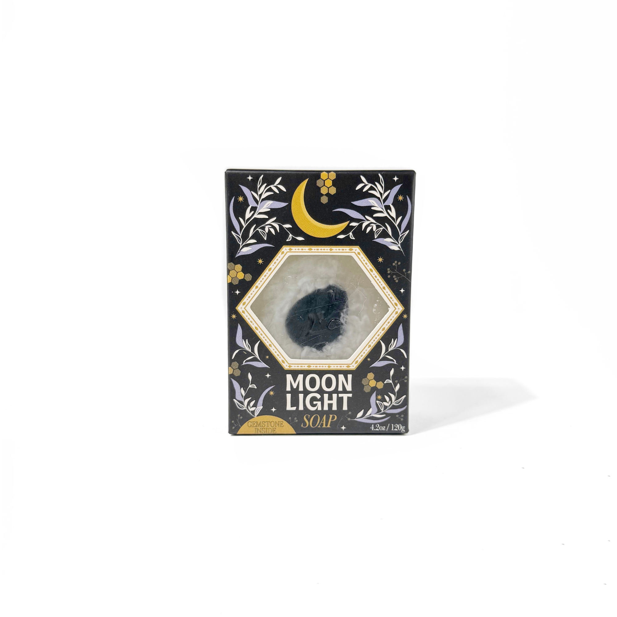 Moonlight Gemstone Bar Soap front packaging with obsidian stone visible through window and celestial moon design.