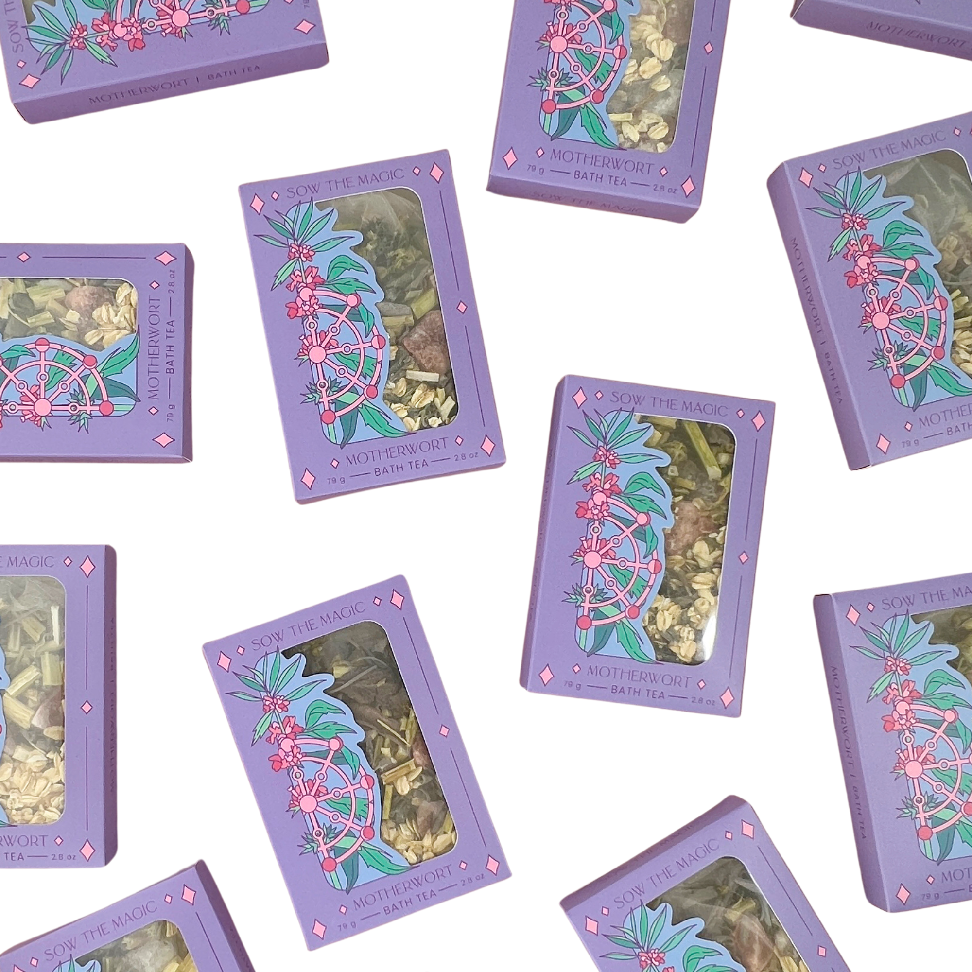Pattern layout of multiple Motherwort Tarot Botanical Bath Tea Boxes by Sow the Magic on white background.