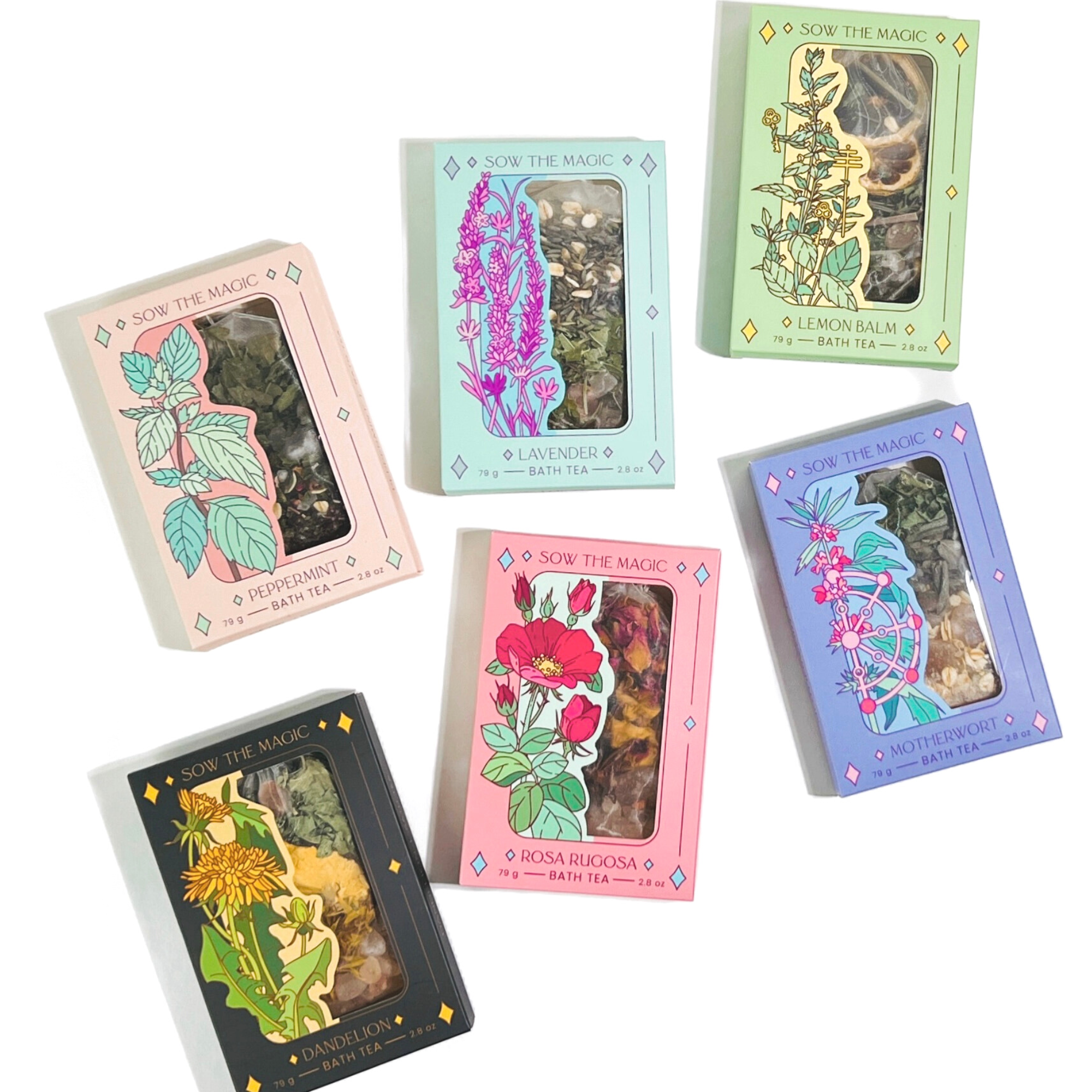 Sow the Magic Tarot Botanical Bath Tea collection featuring Motherwort, Rose, Peppermint, Dandelion, Lemon Balm and Lavender boxes.