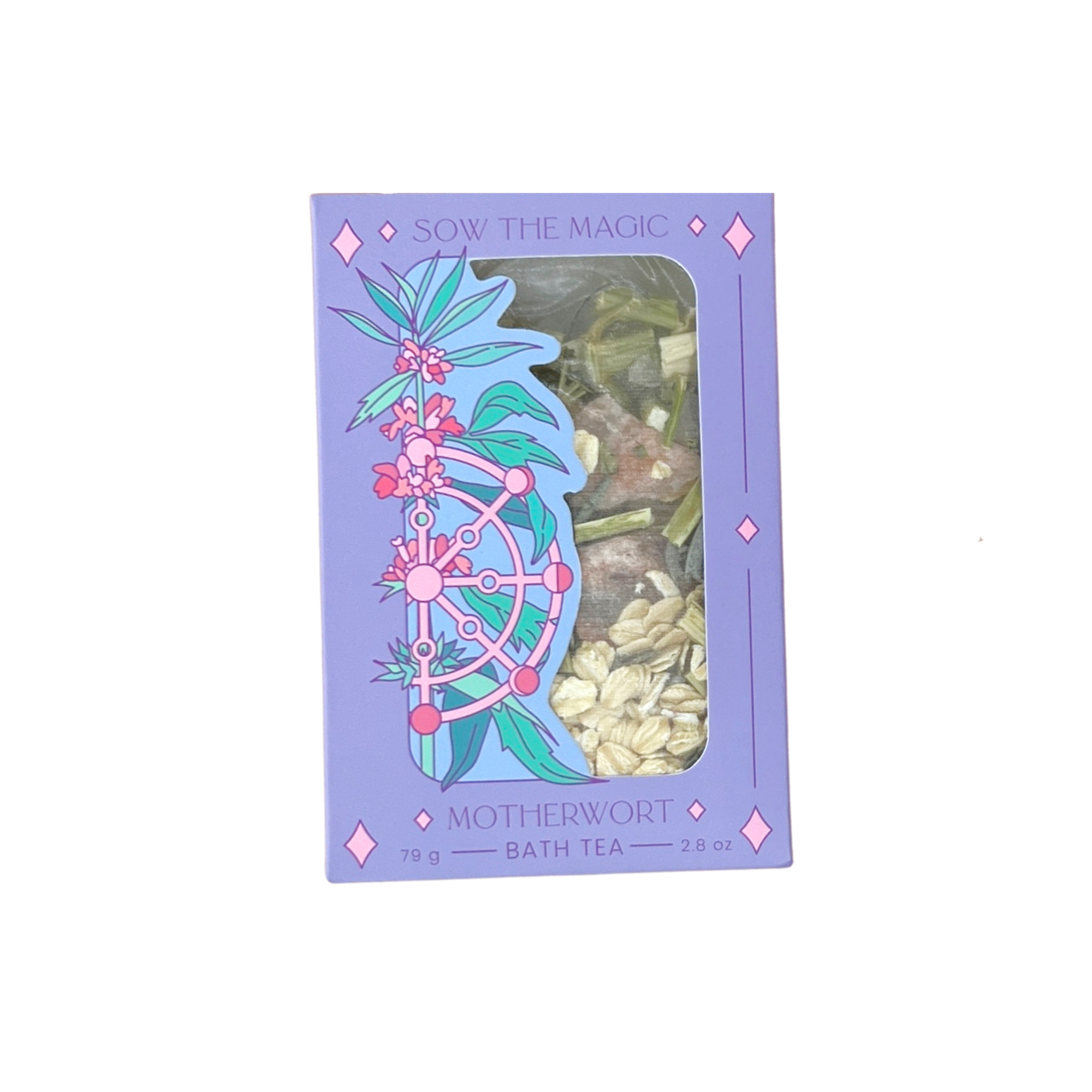 Single Motherwort Tarot Botanical Bath Tea Box by Sow the Magic with botanical blend visible through window packaging.
