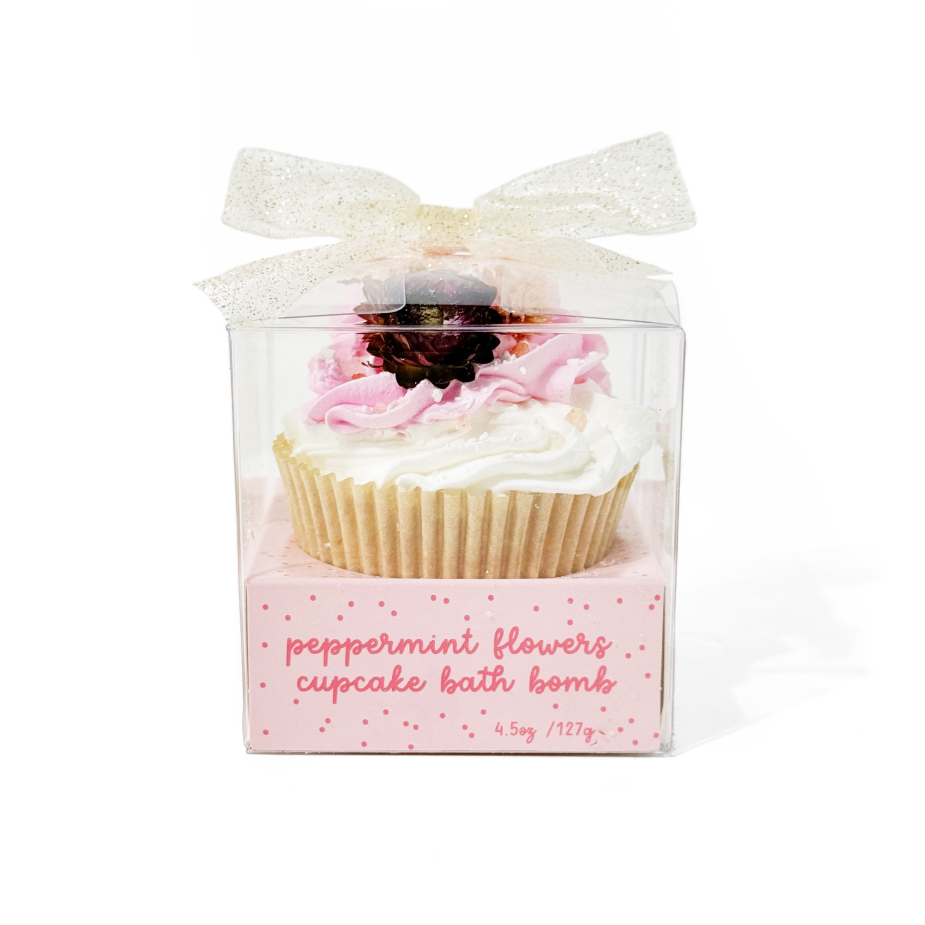 Single Peppermint Flowers Cupcake Bath Bomb in clear packaging with label and bow