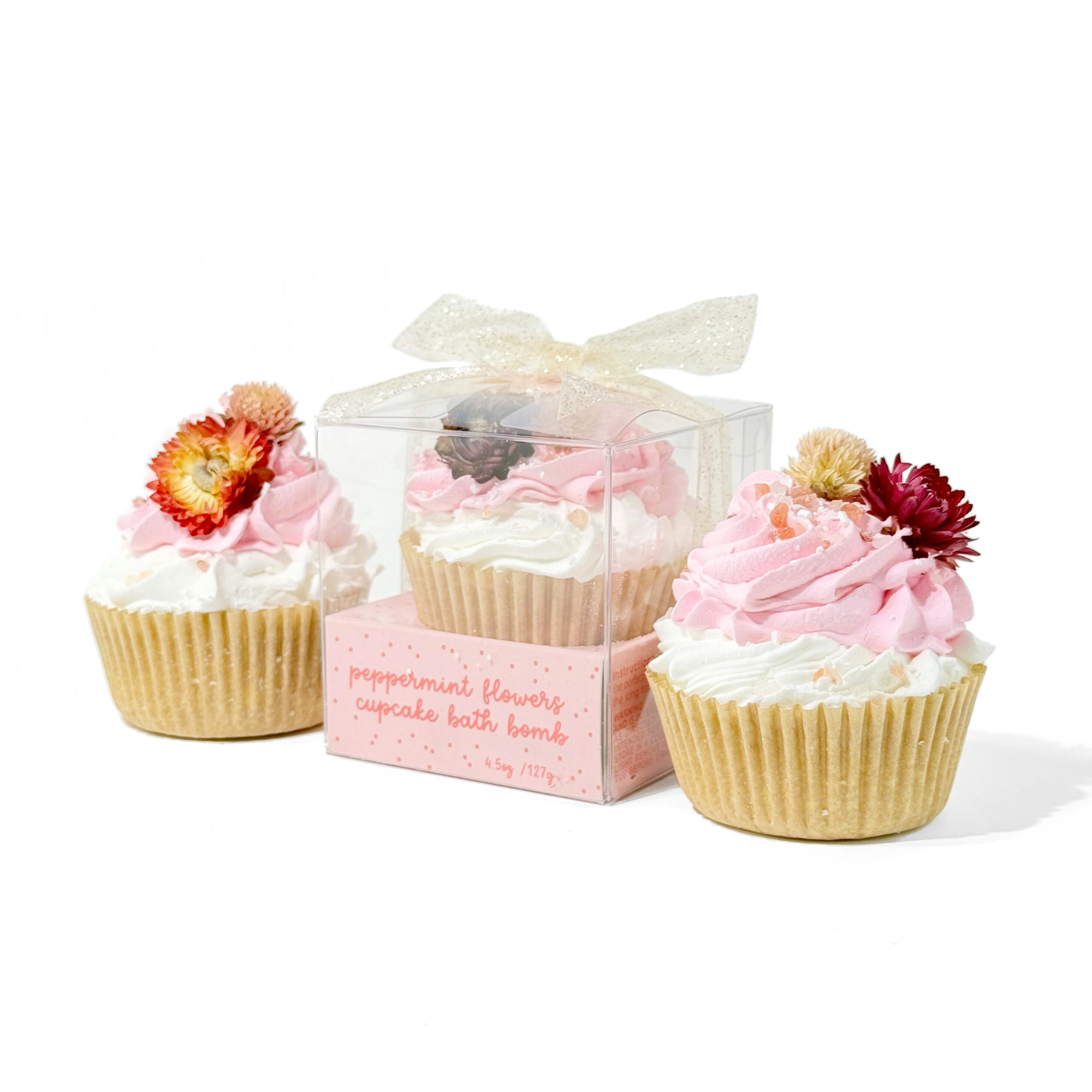 Pink Peppermint Flowers Cupcake Bath Bomb set in clear box with glitter ribbon and floral topping