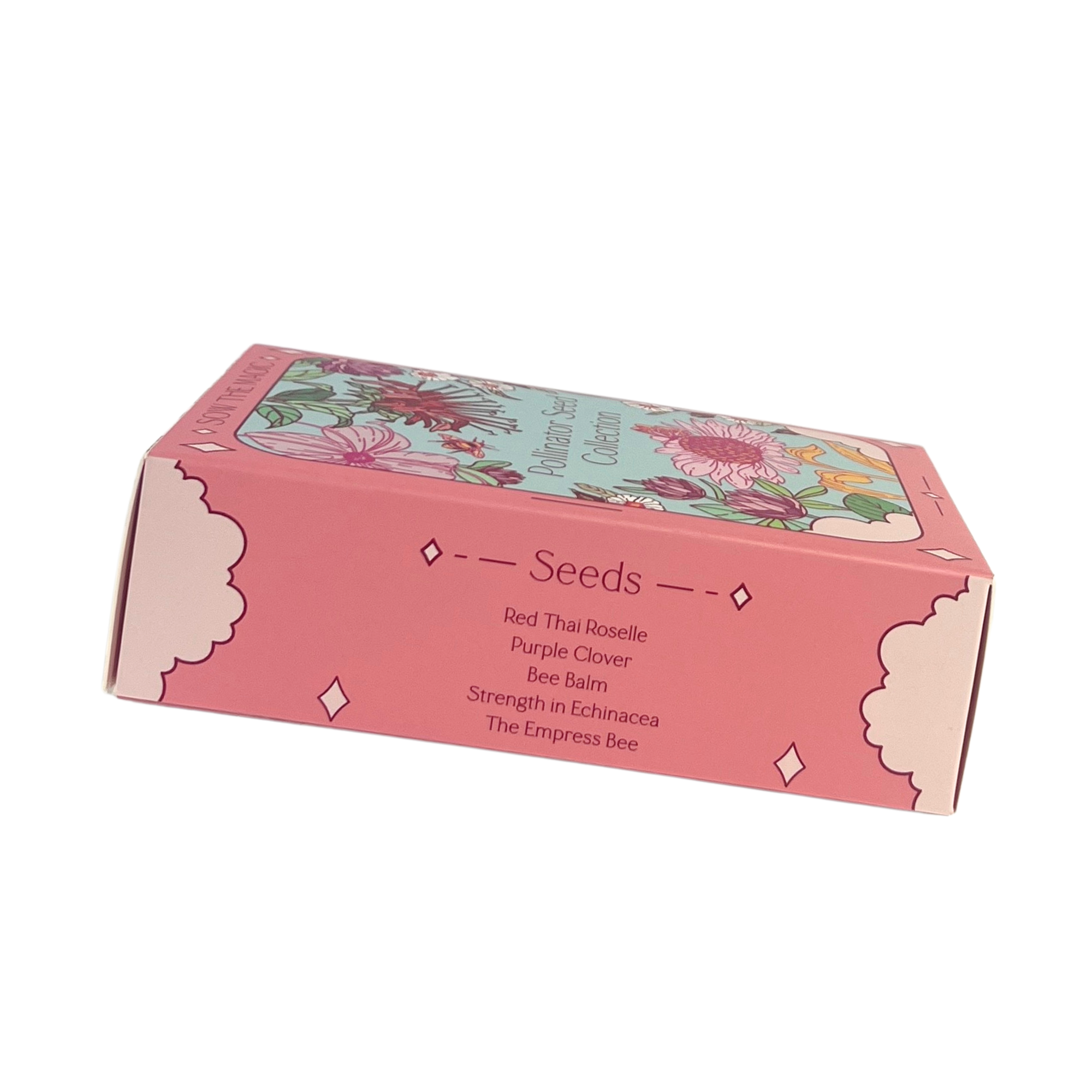 Side view of Sow The Magic Pollinator Seed Collection box listing included seeds: Red Thai Roselle, Purple Clover, Bee Balm, Strength in Echinacea, and The Empress Bee.