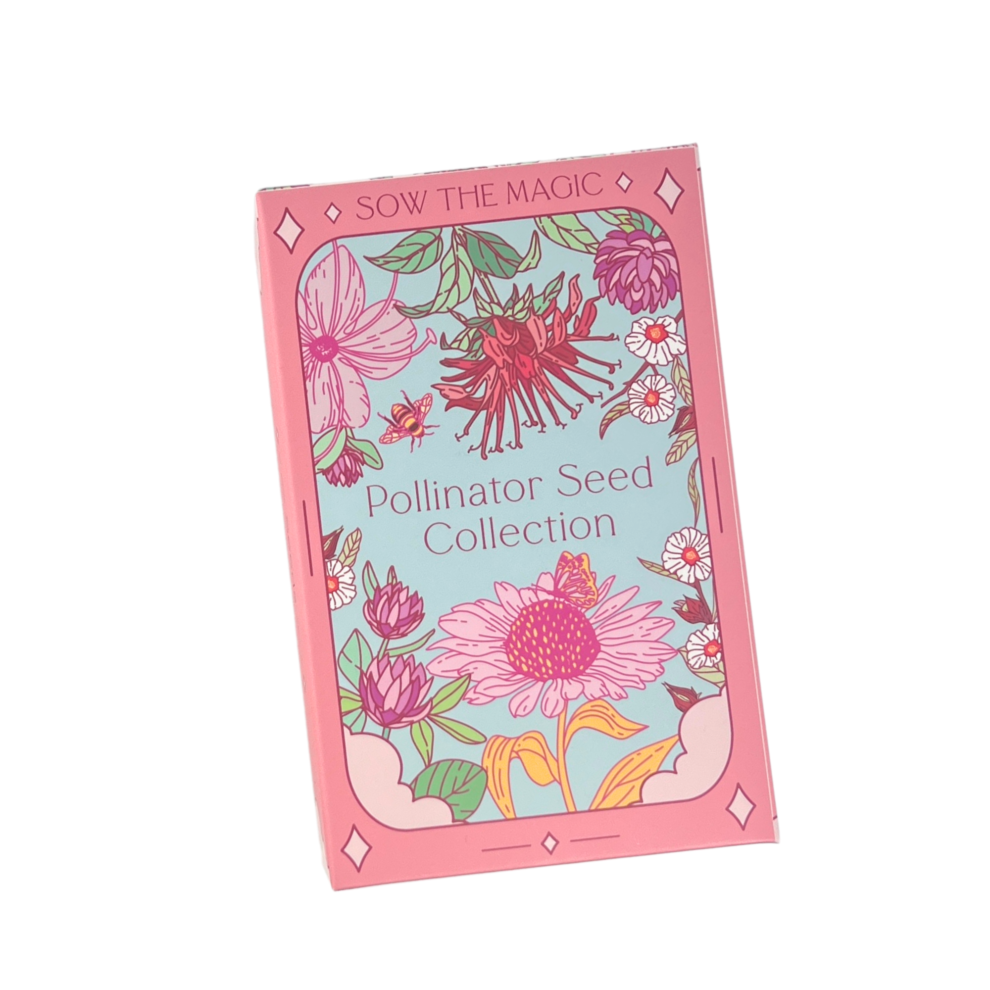 Sow The Magic Pollinator Seed Collection box with illustrated floral and pollinator artwork, flat front view.