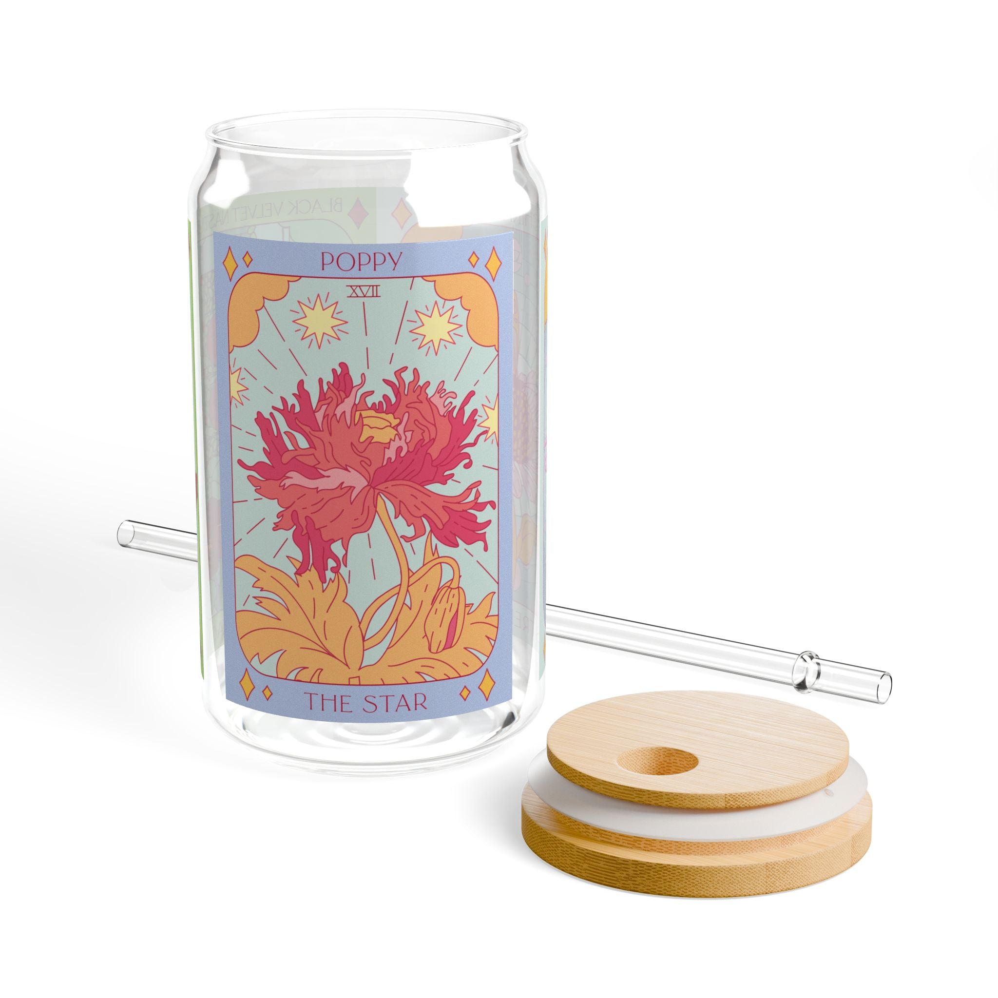 Poppy tarot glass tumbler with removable bamboo lid and clear reusable straw