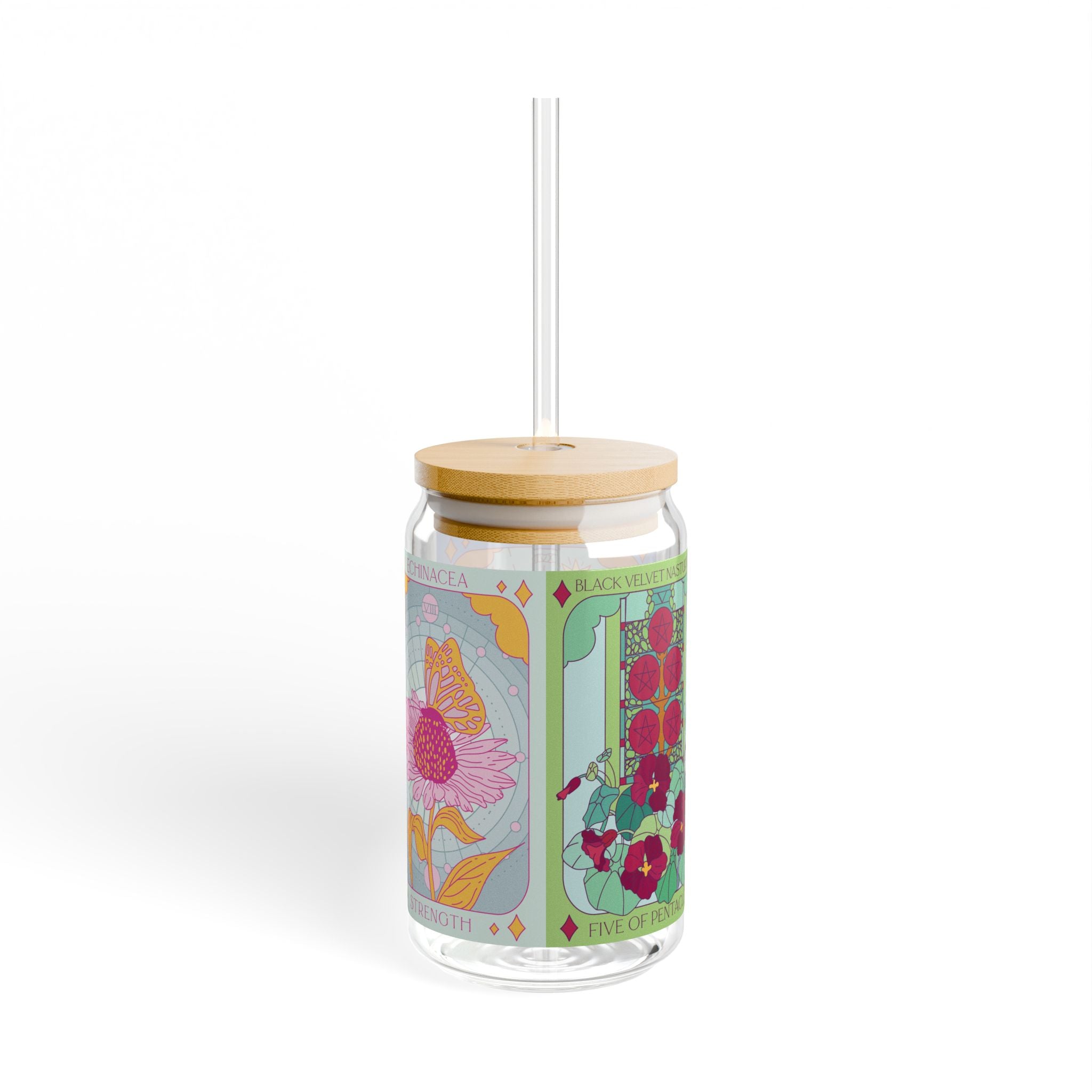 Flower tarot seed packet illustration wrapped around a clear glass tumbler with bamboo lid