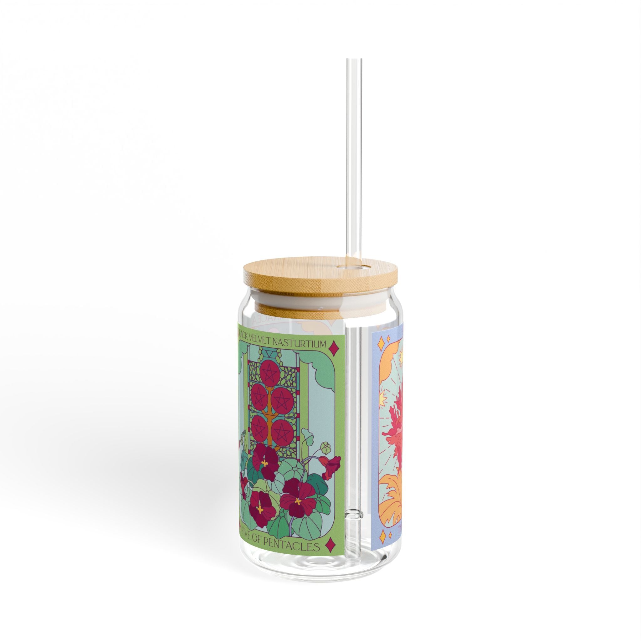 Side view of Poppy The Star tarot-inspired glass tumbler featuring botanical seed packet artwork
