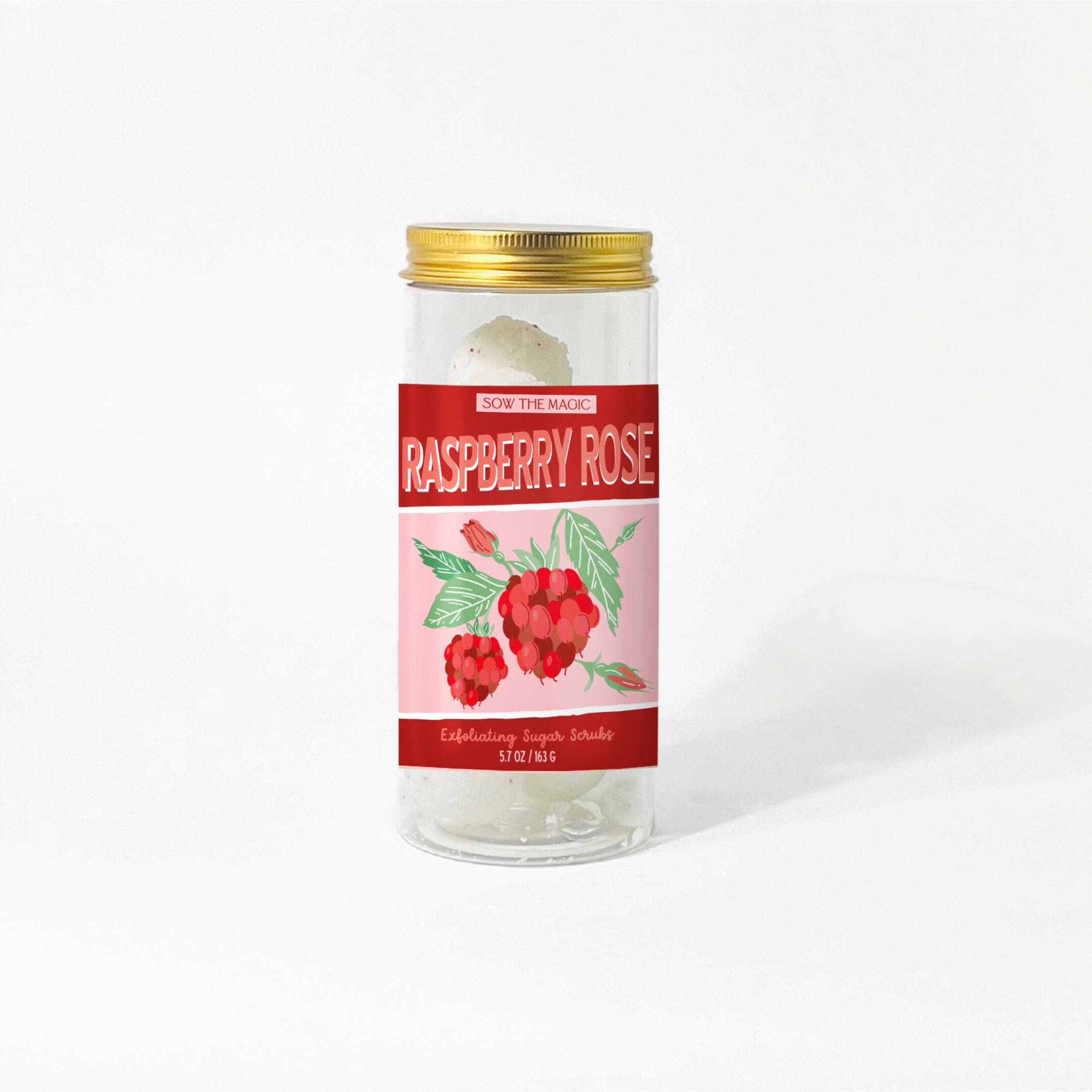 Raspberry Rose exfoliating sugar scrub jar with Shea Butter and natural ingredients