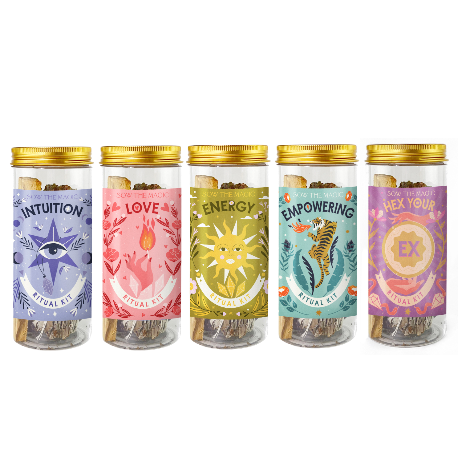 Full collection of Sow the Magic Ritual Kits including Love, Intuition, Energy, Empowering and Hex Your Ex kits in glass jars with gold lids