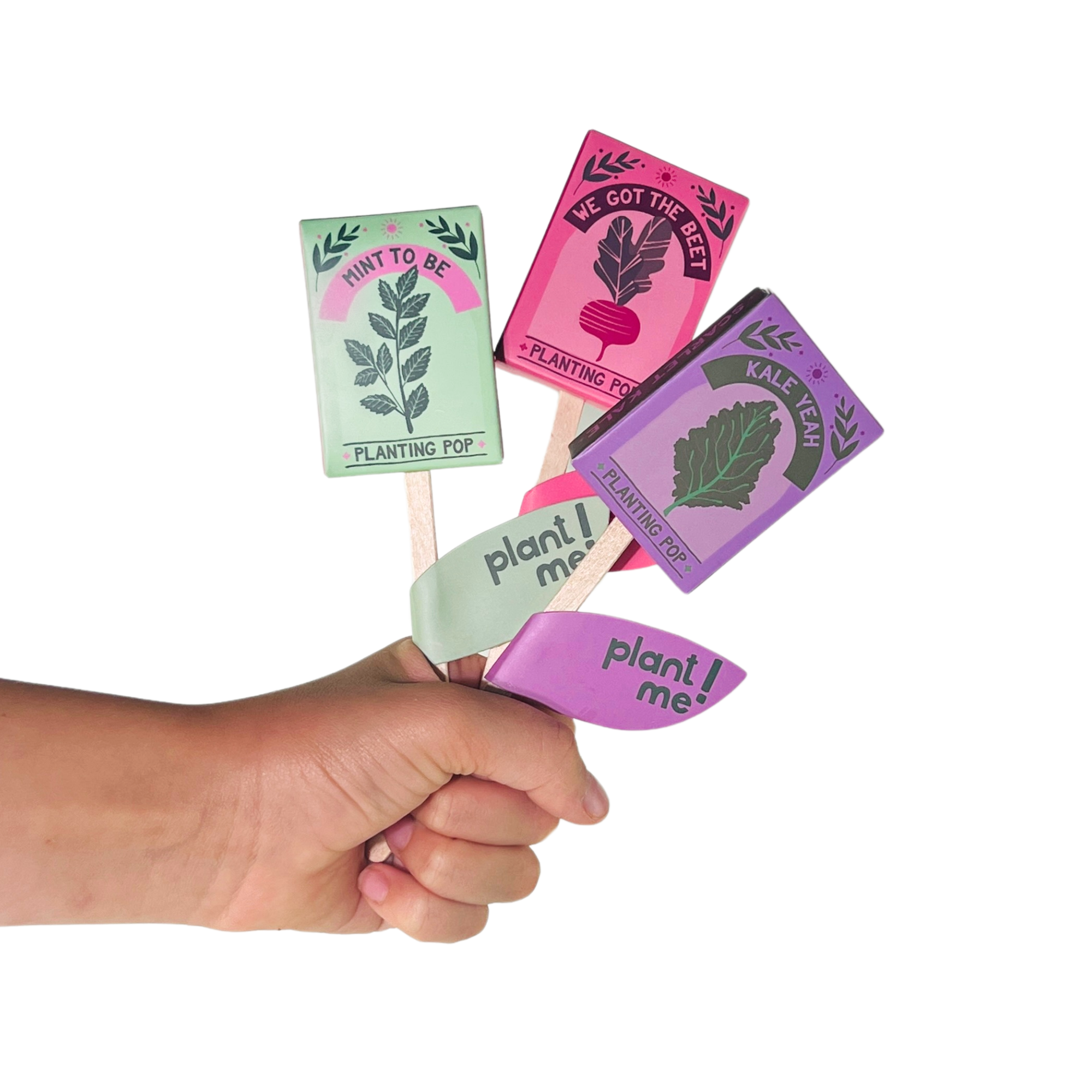Hand holding three colorful planting pops labeled Mint To Be, We Got The Beet, and Kale Yeah