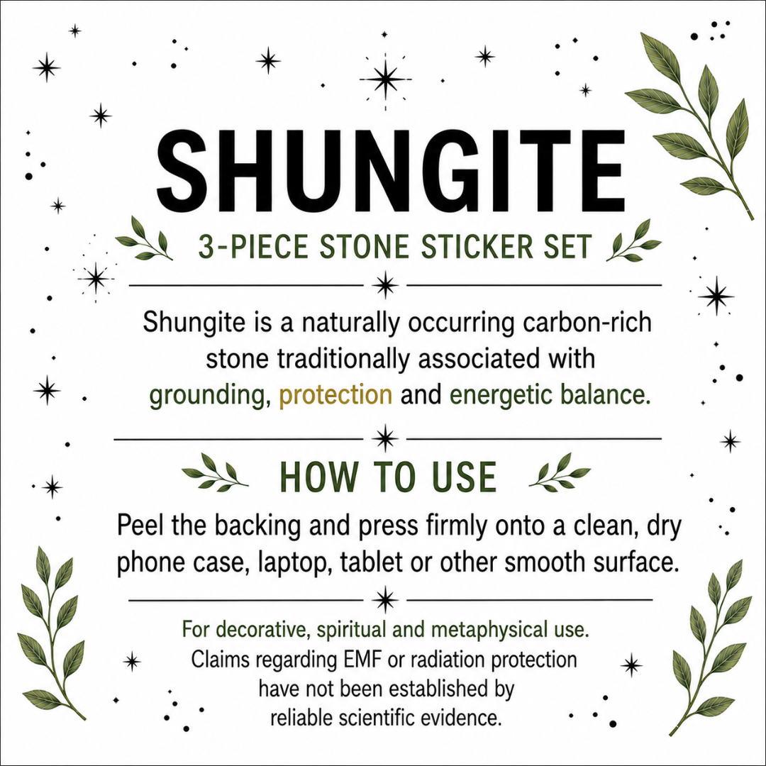 Shungite 3-piece stone sticker set instruction card with product details and how-to-use directions