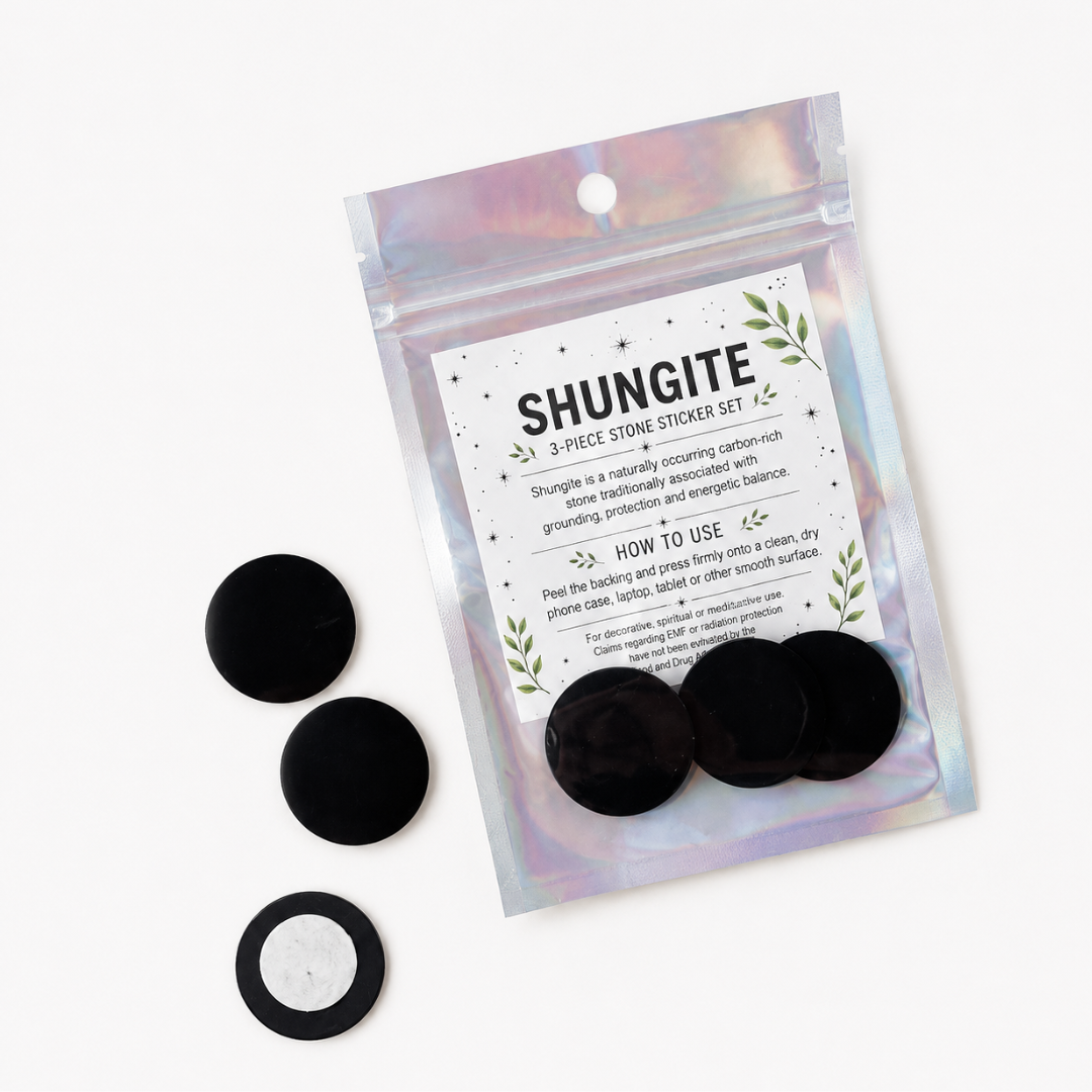 Shungite 3-piece stone sticker set with black polished stones, retail packaging and product instruction card