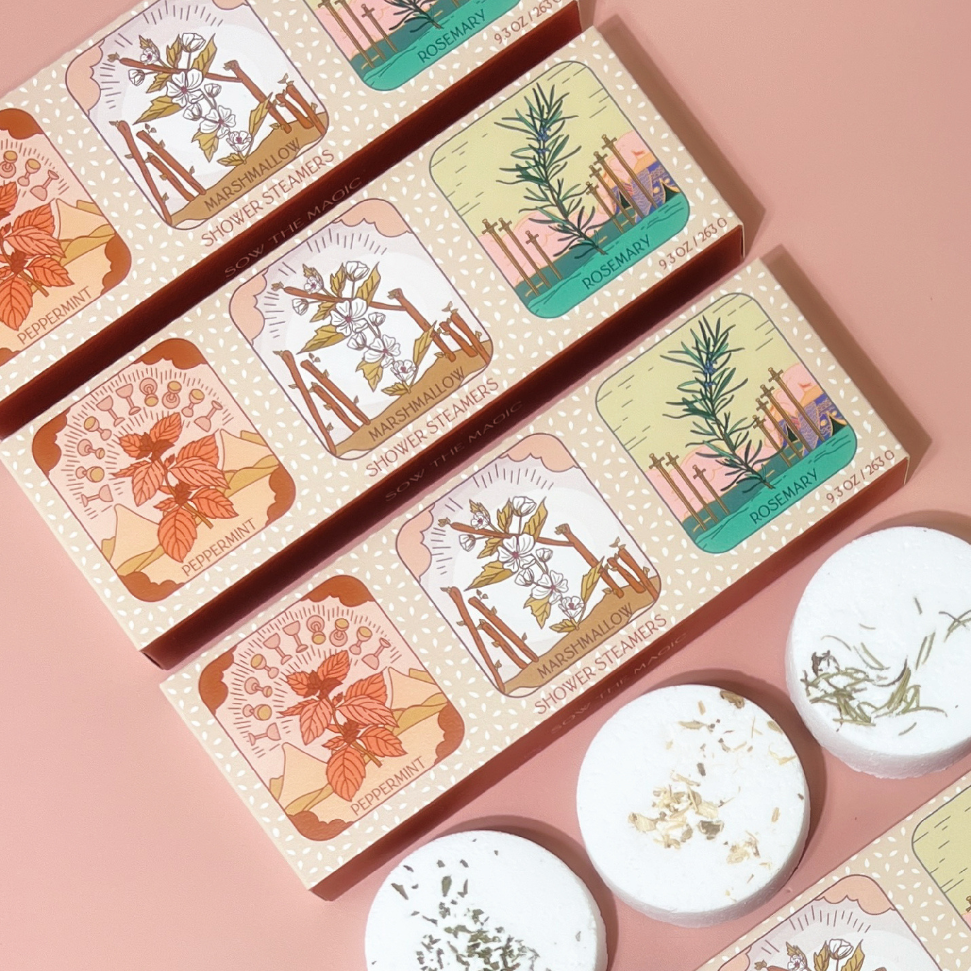 Soul Warmth Tarot Shower Steamer Set featuring peppermint, marshmallow and rosemary steamers beside illustrated tarot packaging