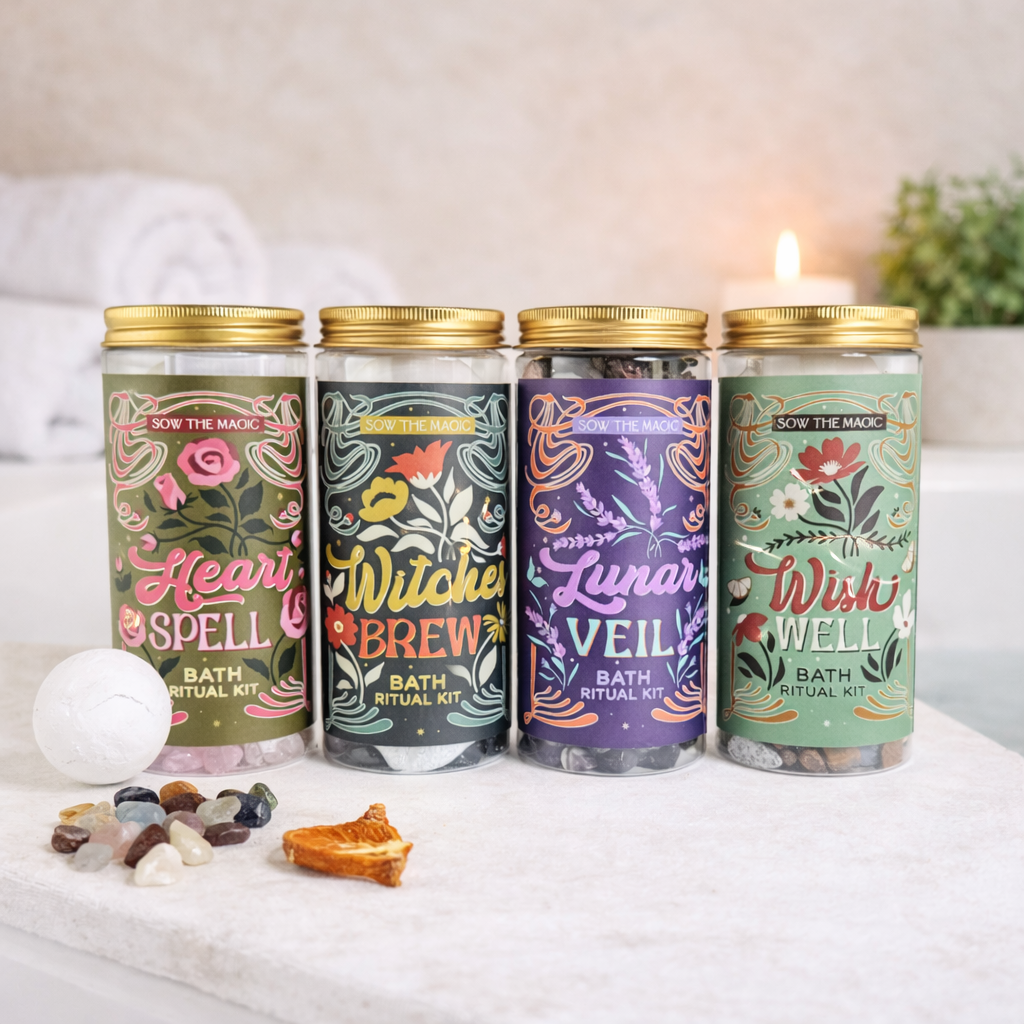 Collection of Sow the Magic Bath Ritual Kits with bath bombs, botanical bath tea, dried fruit, gemstones and instructions
