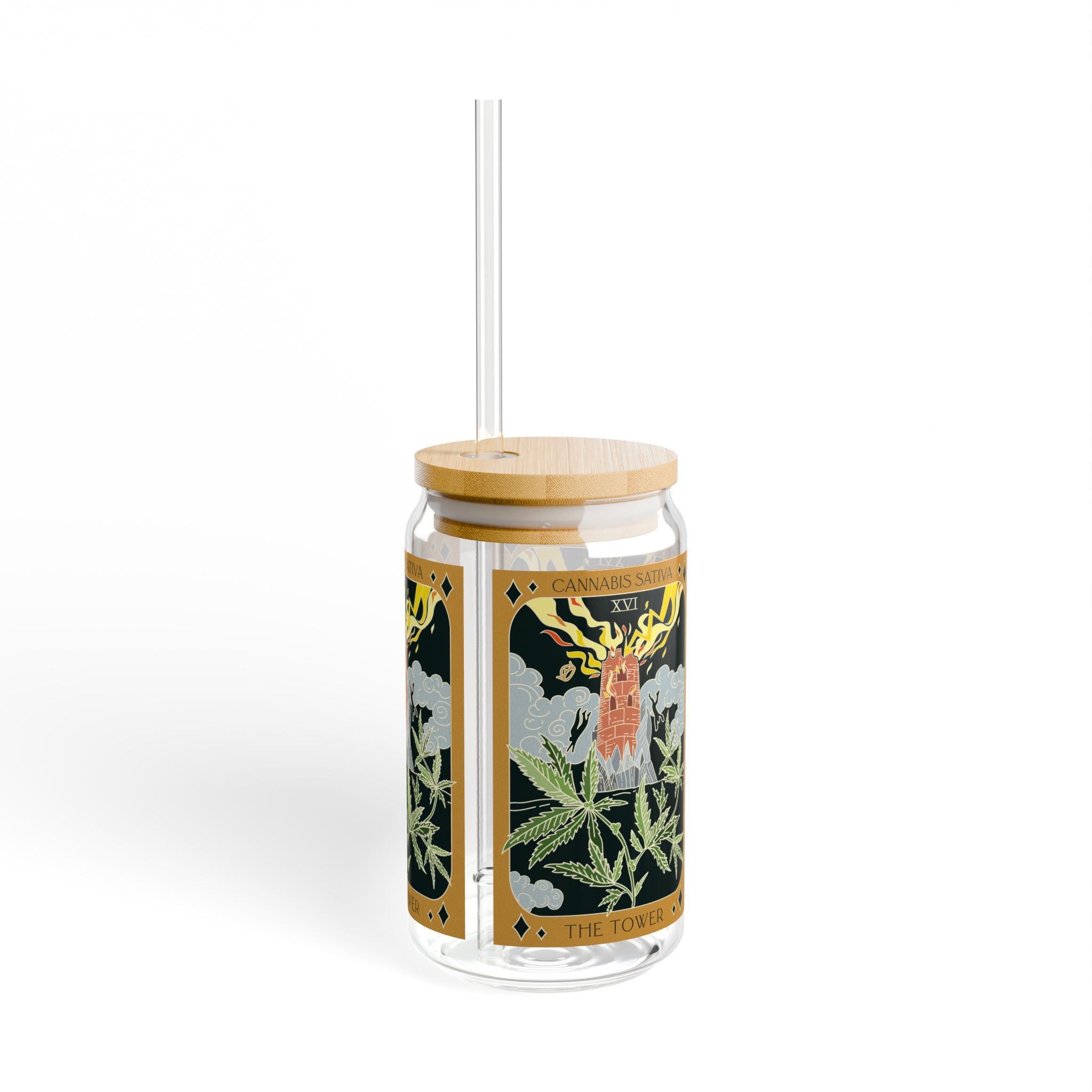 Sow The Magic Cannabis Sativa botanical tarot glass tumbler with bamboo lid and clear straw