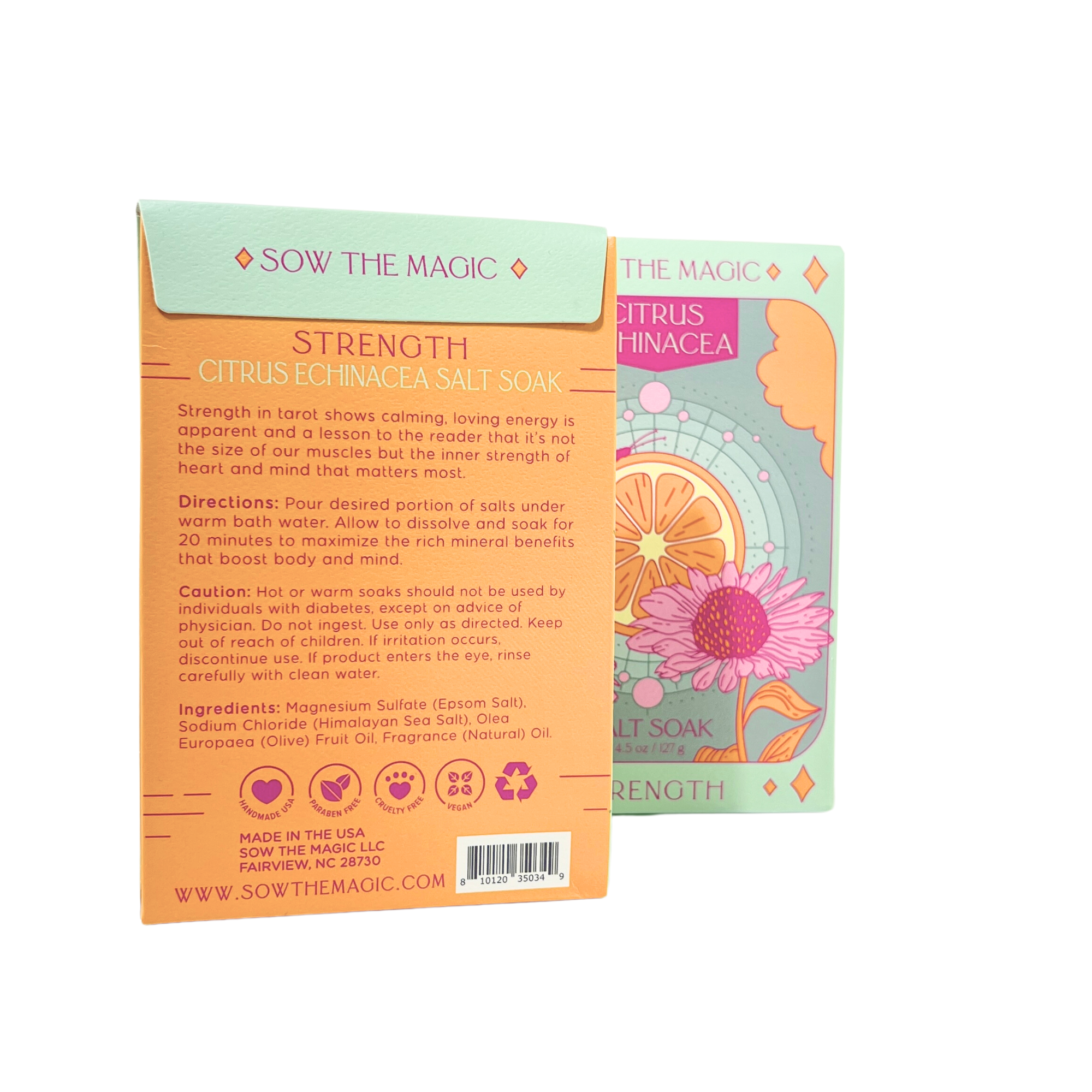 Citrus Echinacea Salt Soak tarot packaging showing Strength card design and back label with directions and ingredients