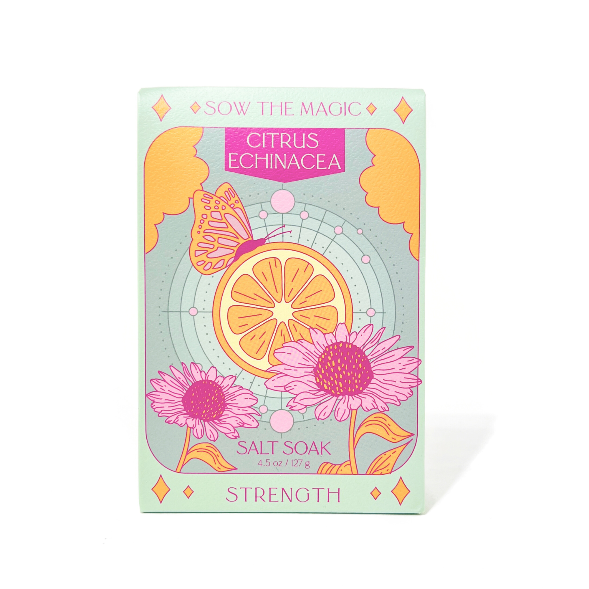 Citrus Echinacea Salt Soak tarot-inspired Strength card packaging with orange and pink floral artwork