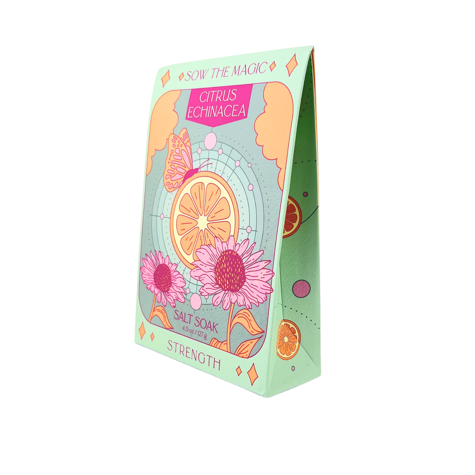 Citrus Echinacea Salt Soak tarot box featuring orange slice, echinacea flowers, and butterfly illustration