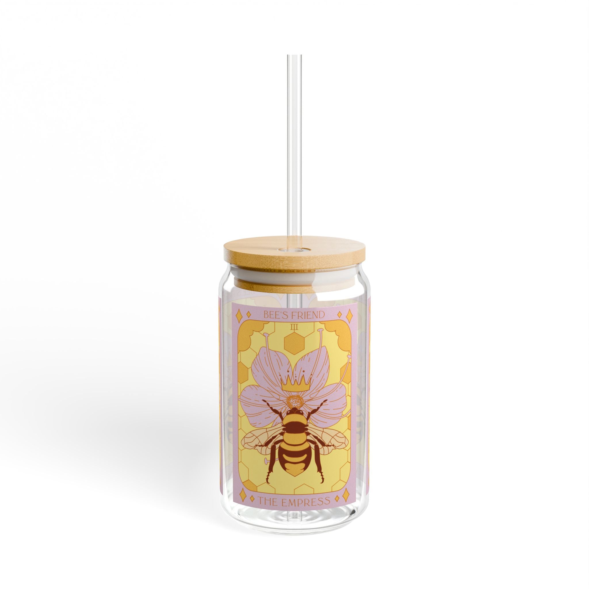 Sow The Magic Empress Bee tarot glass tumbler with botanical seed packet illustration, bamboo lid and straw