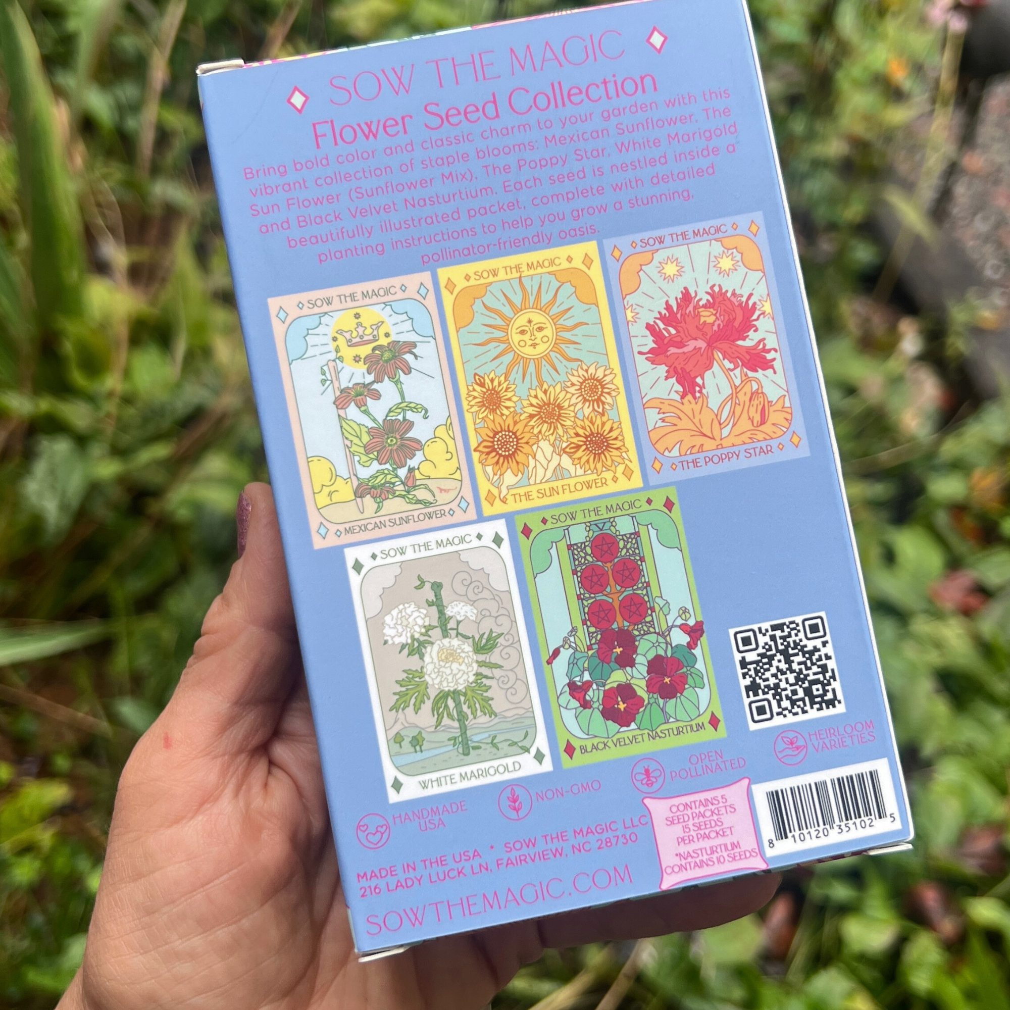 Back of Sow The Magic Flower Seed Collection box with illustrated individual seed packets and planting details.