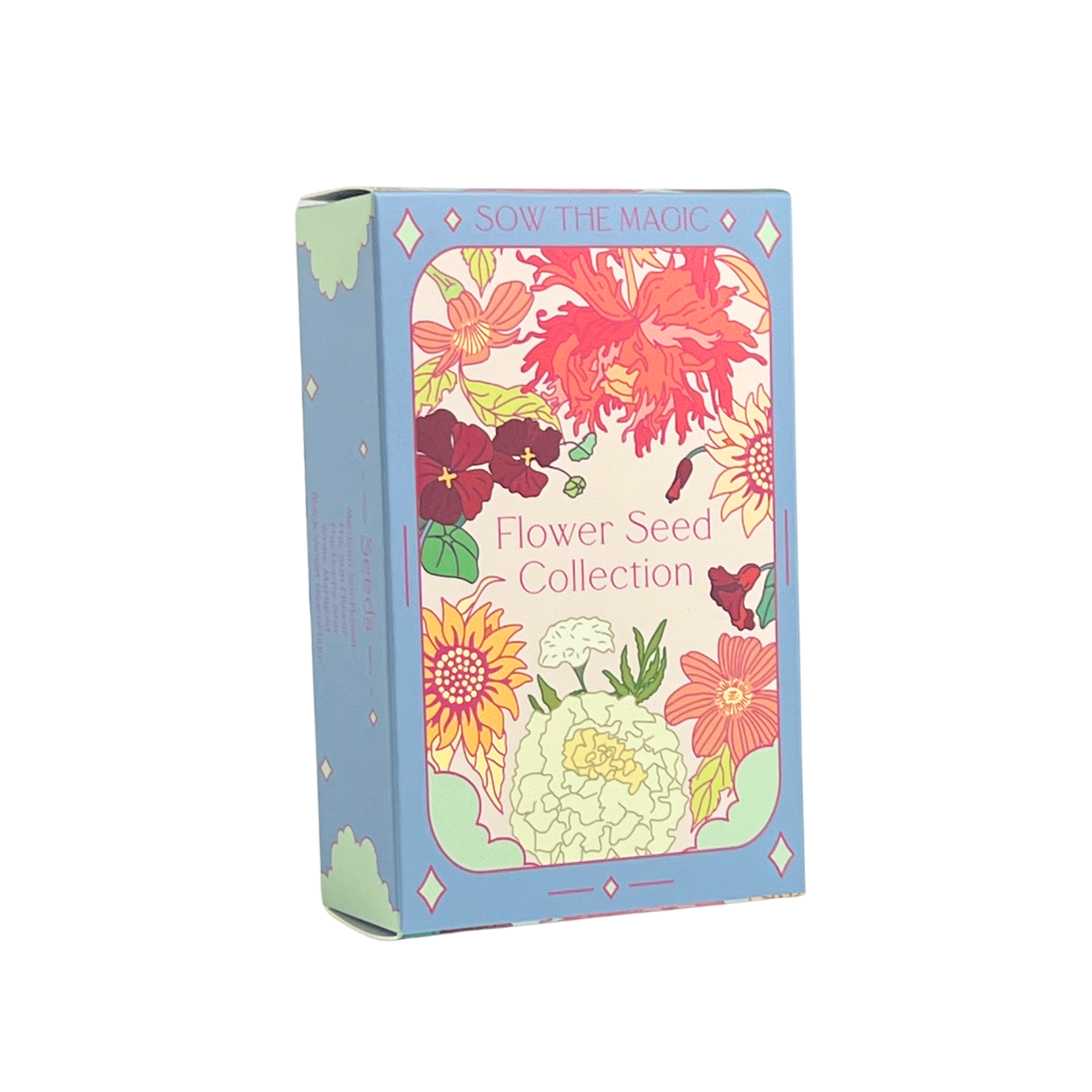 Sow The Magic Flower Seed Collection box with colorful illustrated blooms on blue packaging, front angled view.