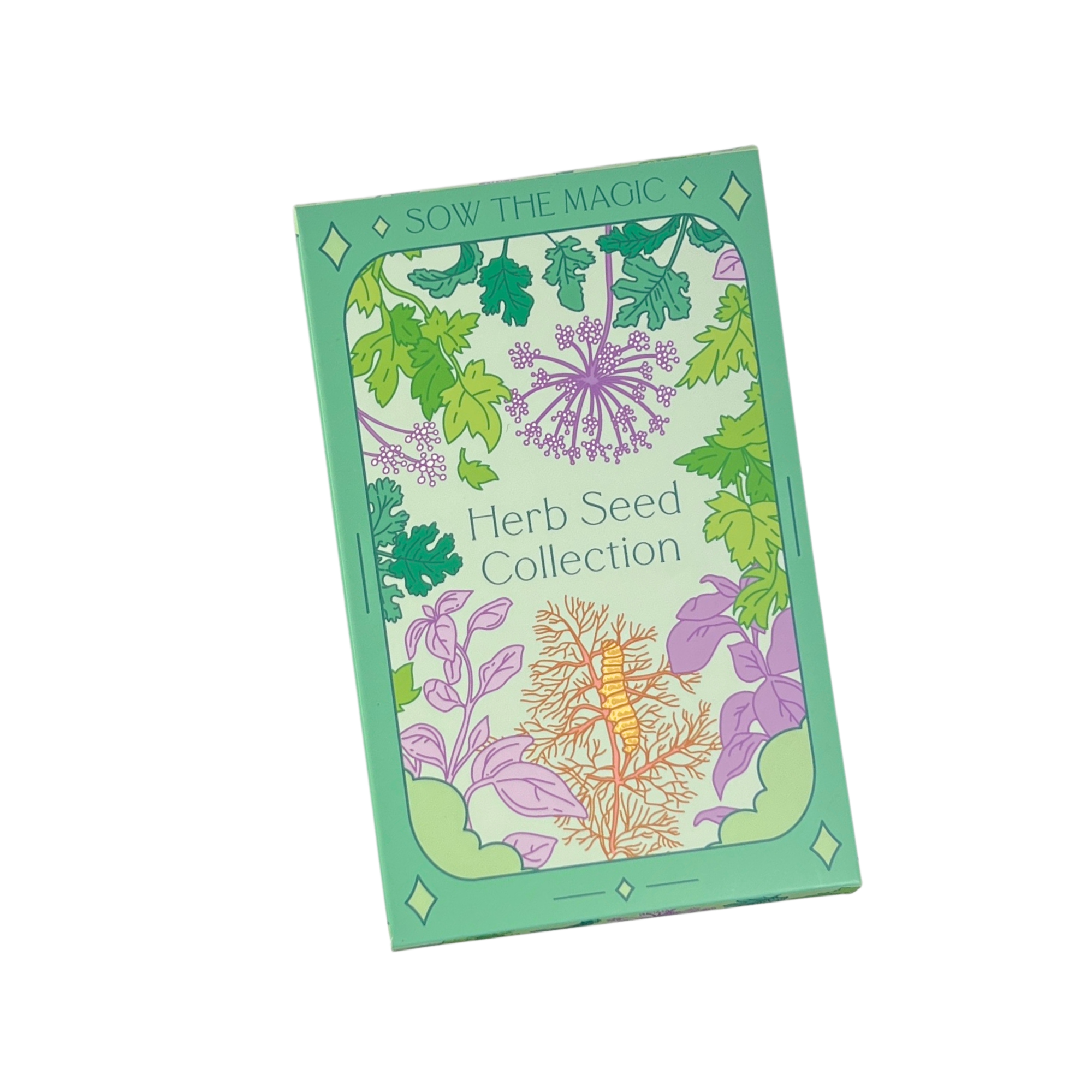 Sow The Magic Herb Seed Collection box with colorful botanical illustrations on green packaging, angled front view.