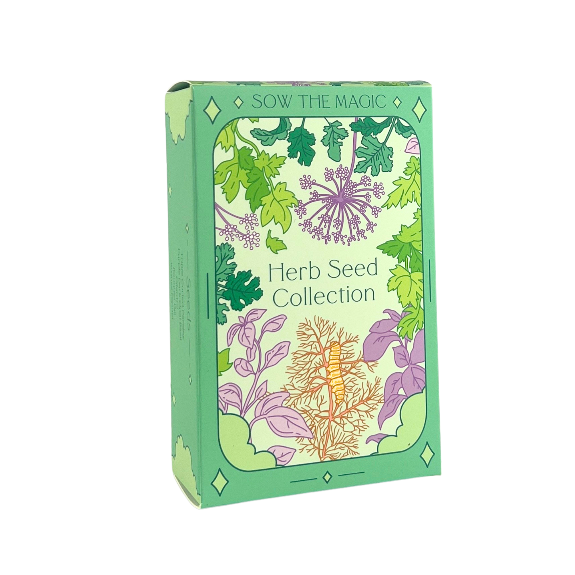 Sow The Magic Herb Seed Collection gift box with illustrated herbs on green packaging, upright front view.