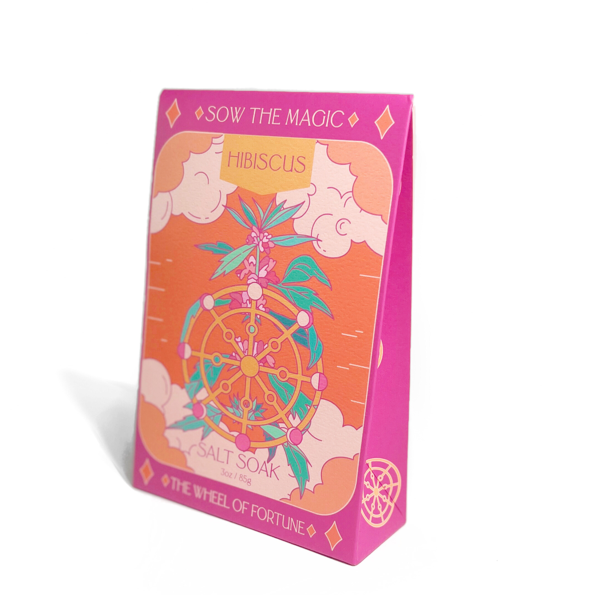 Side perspective of Wheel of Fortune Hibiscus Salt Soak showing tarot-inspired artwork and product info
