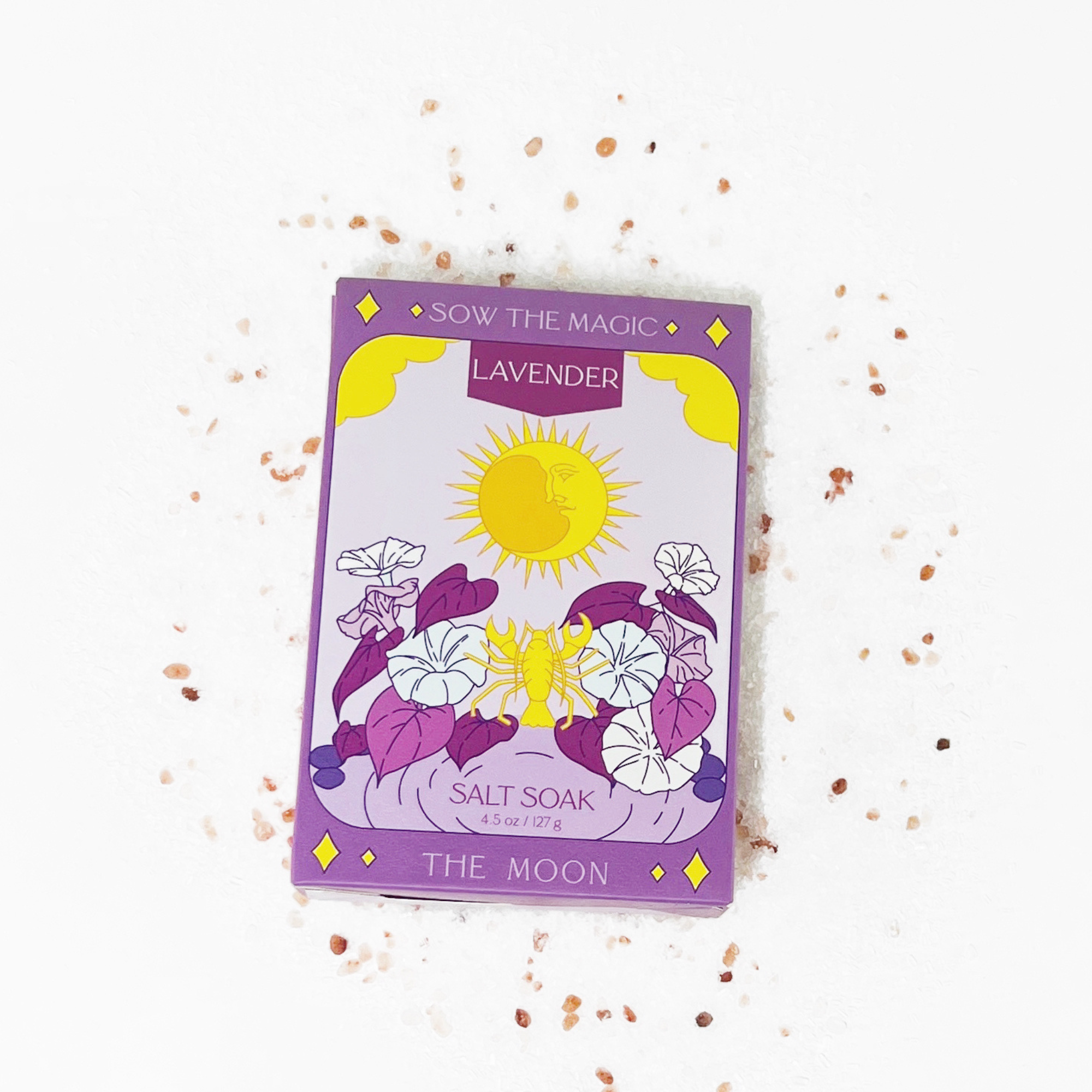 Lavender Salt Soak tarot design featuring moon and morning glory illustration on white salt background