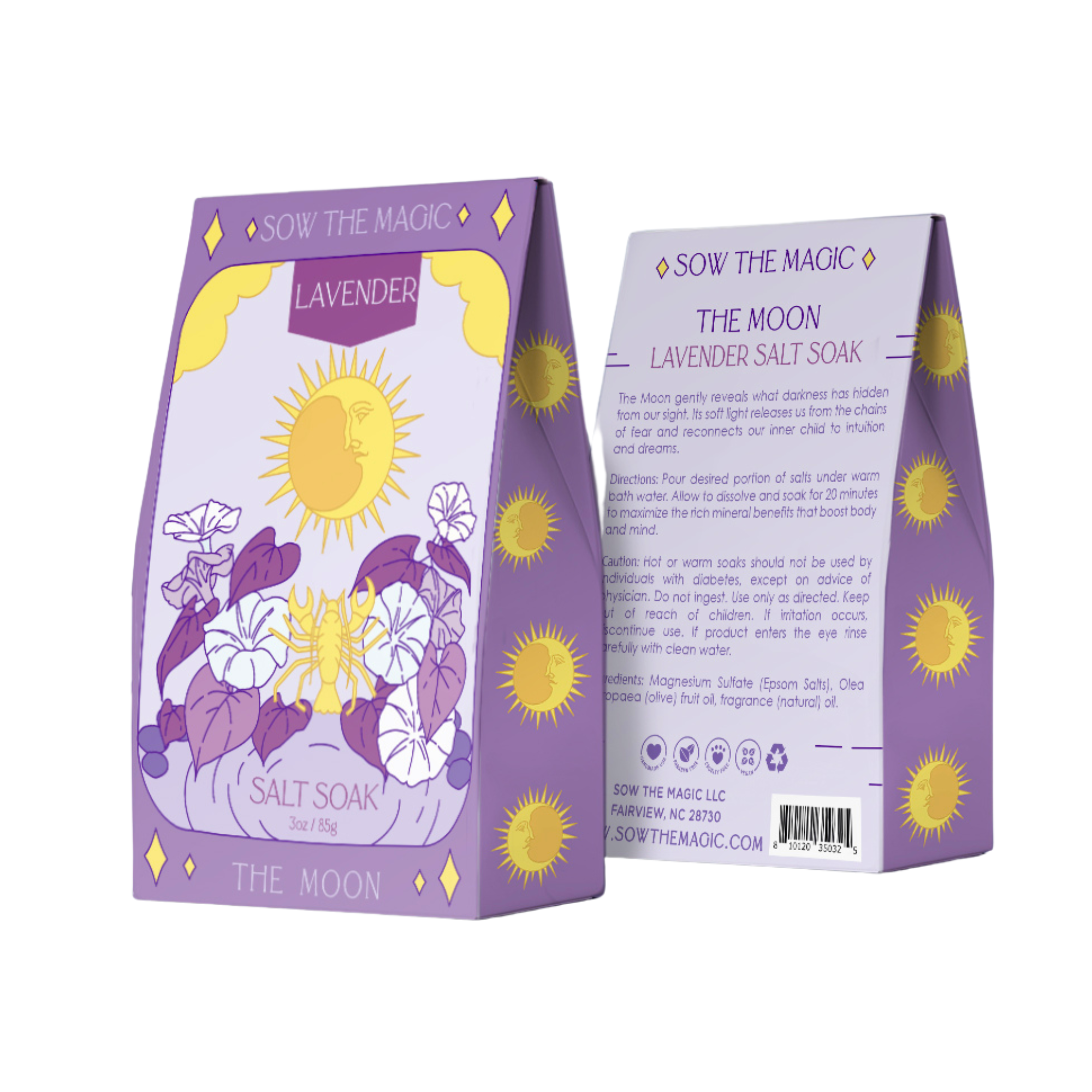 The Moon Lavender Salt Soak tarot packaging showing front and back design with celestial illustrations