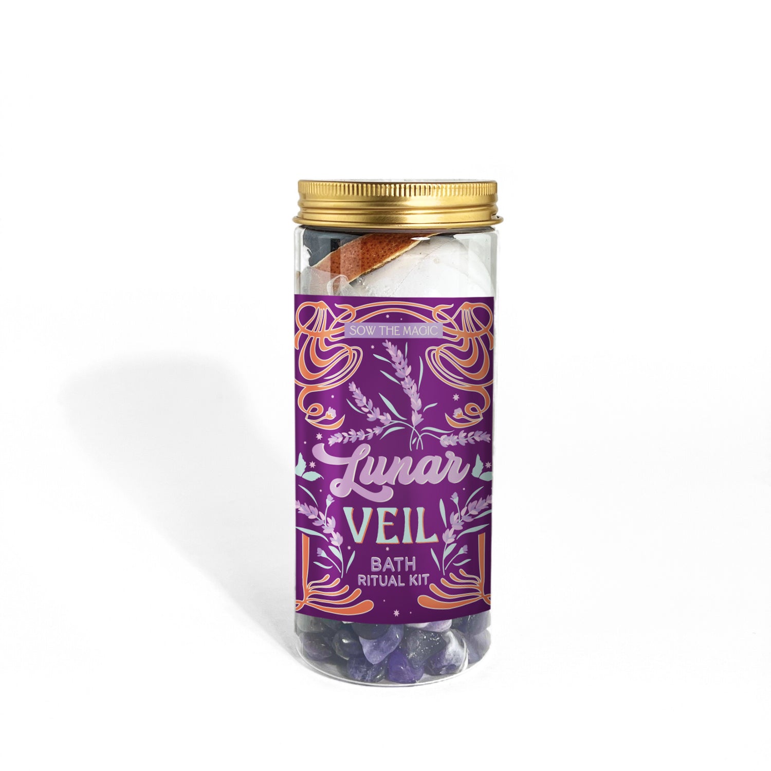 Lunar Veil Bath Ritual Kit by Sow The Magic in a purple label jar, featuring amethyst crystals and lavender for a moon-inspired relaxation ritual.
