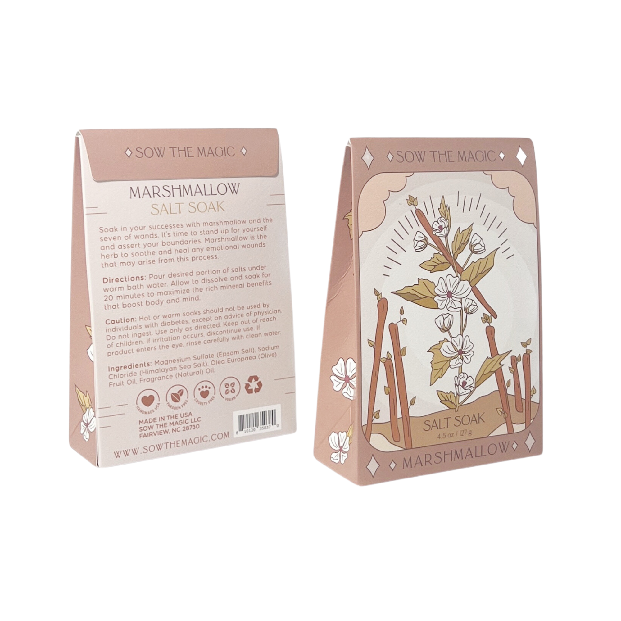 Front and back of Marshmallow Salt Soak tarot packaging showing product artwork and directions