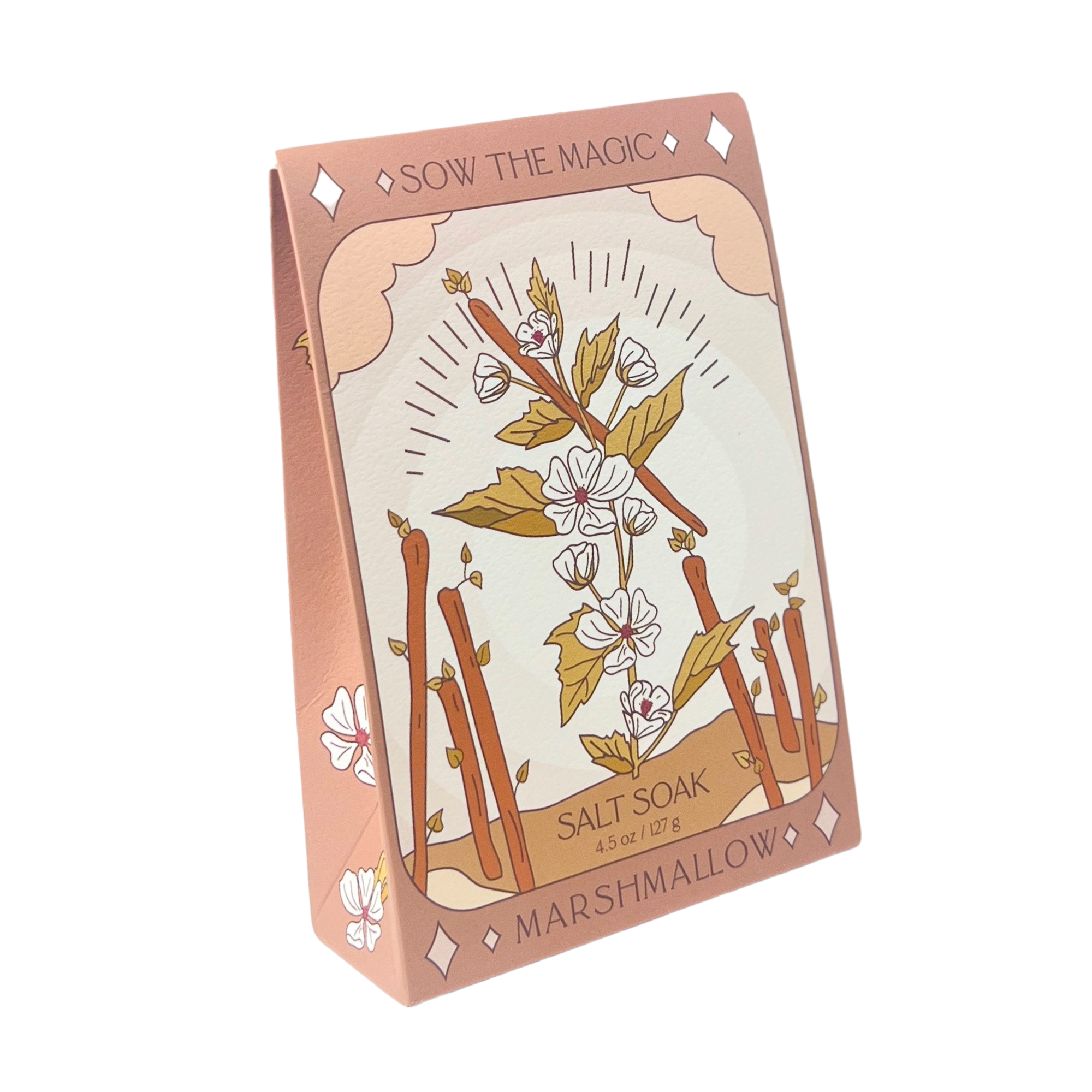 Side angle view of Sow the Magic Marshmallow Salt Soak featuring seven wands tarot-inspired design