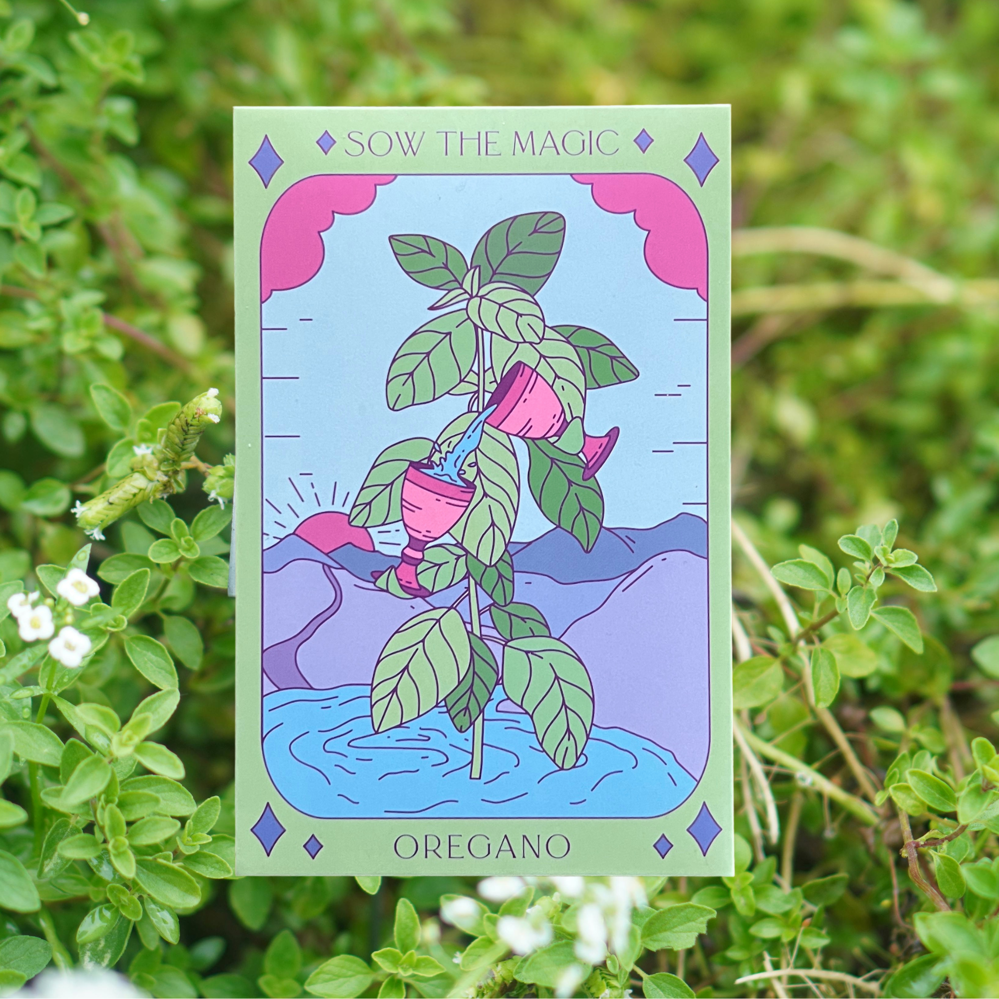 Oregano tarot seed packet surrounded by oregano leaves and small white blooms