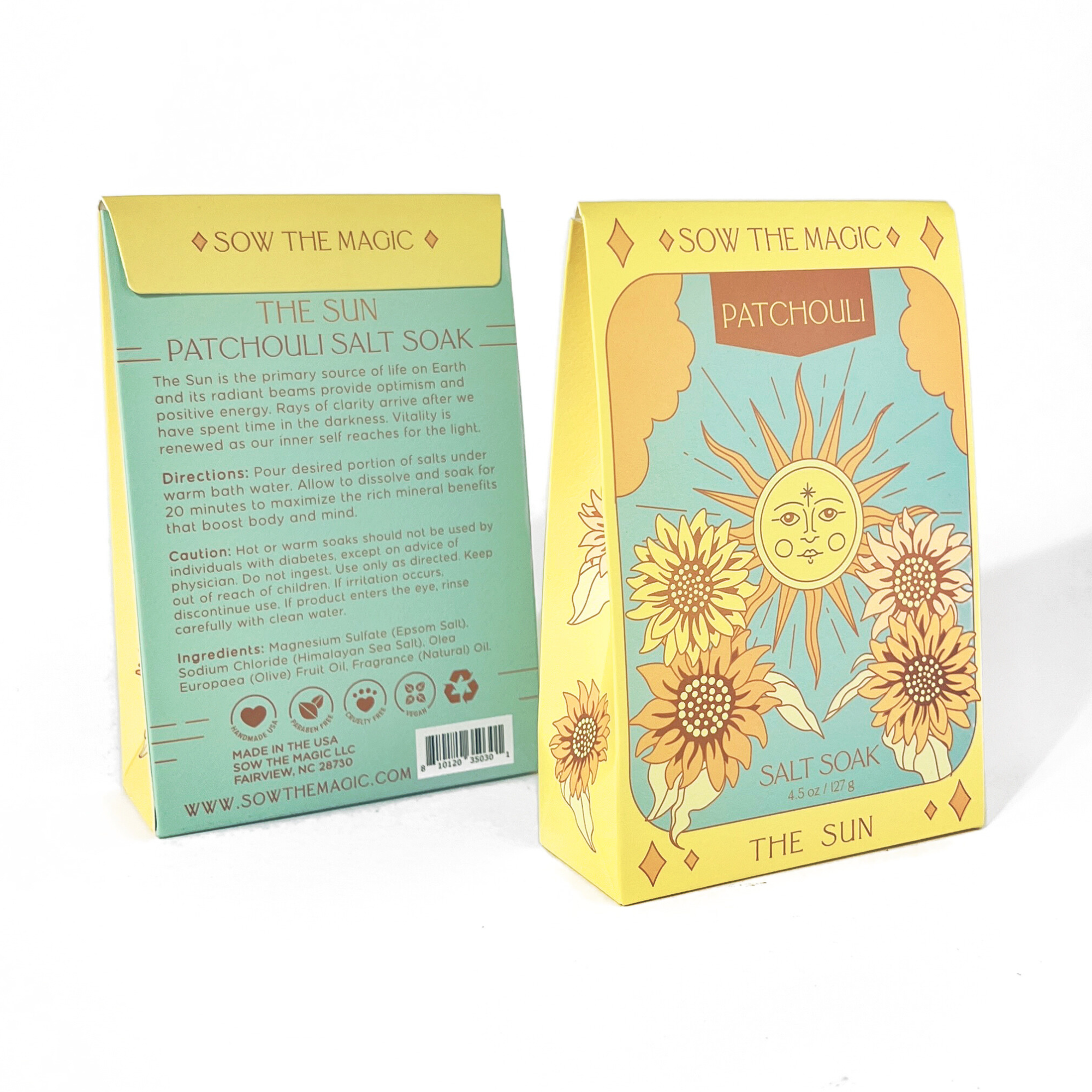 The Sun Patchouli Salt Soak tarot packaging showing illustrated sunflowers and detailed back label text