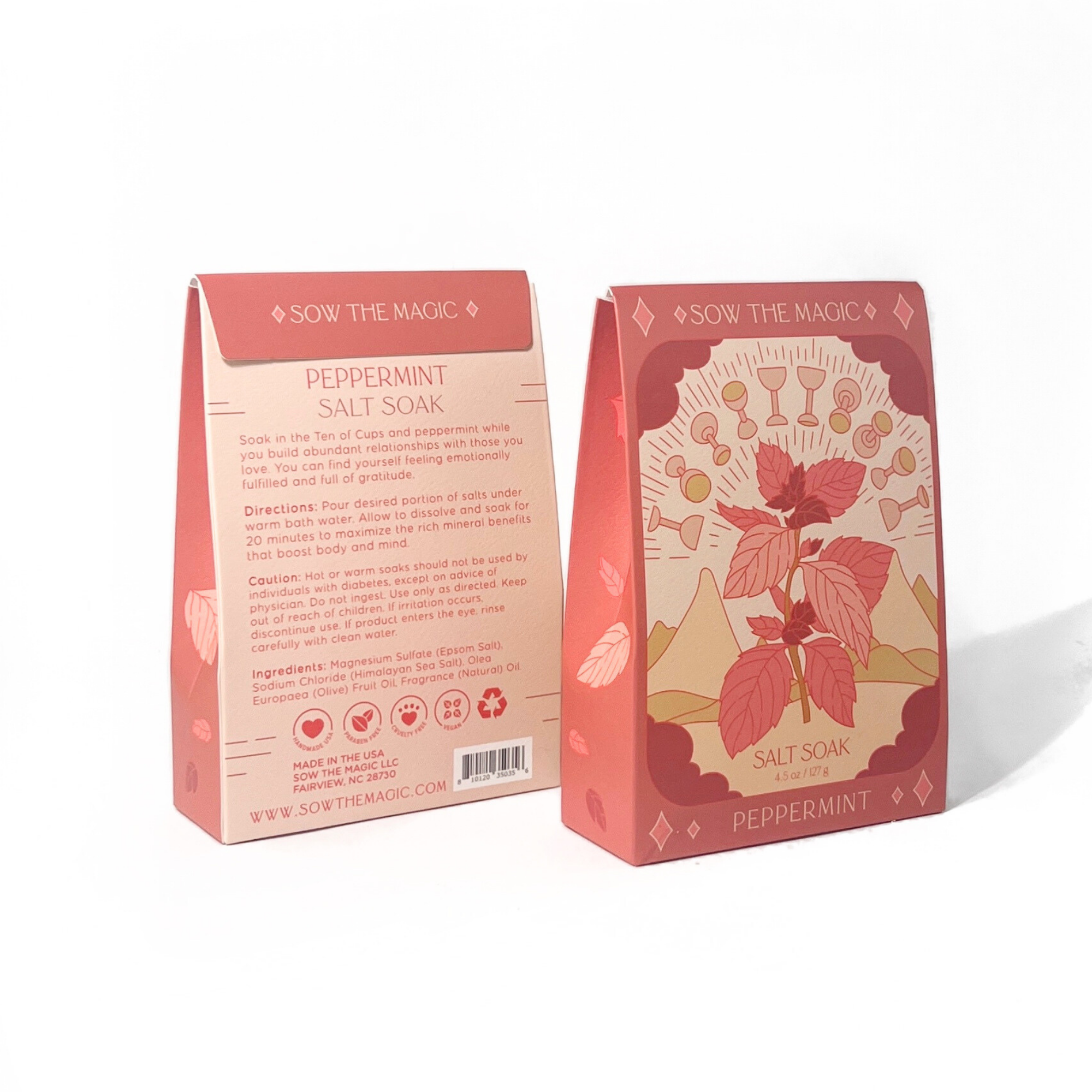 Peppermint Salt Soak tarot box front and back showing product directions and card meaning text