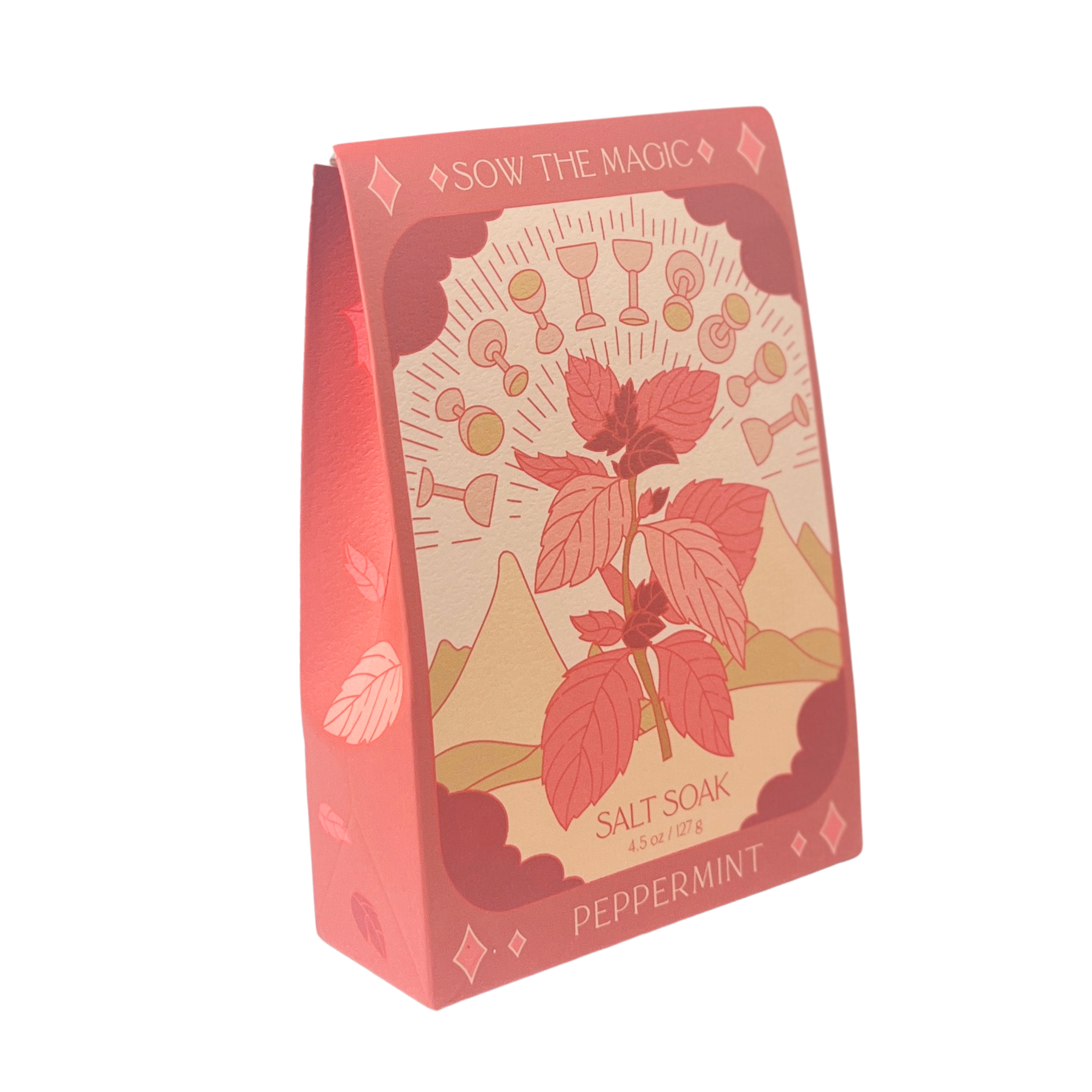 Side view of Sow the Magic Peppermint Salt Soak tarot packaging with botanical illustration