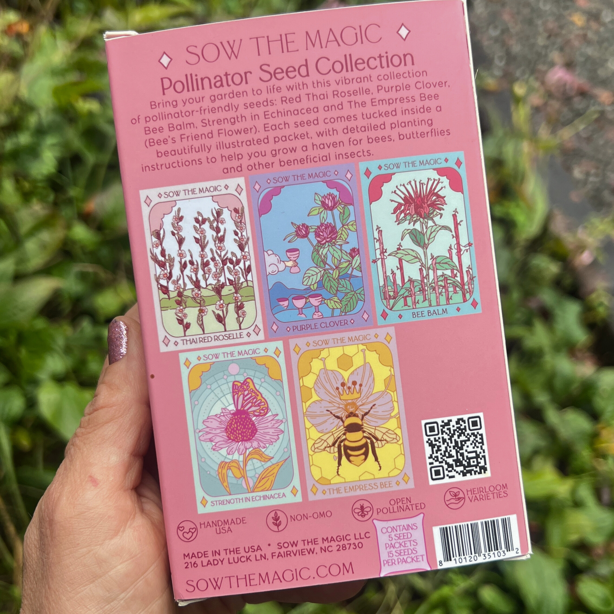 Back of Sow The Magic Pollinator Seed Collection box featuring illustrated seed packets and pollinator-friendly planting instructions.
