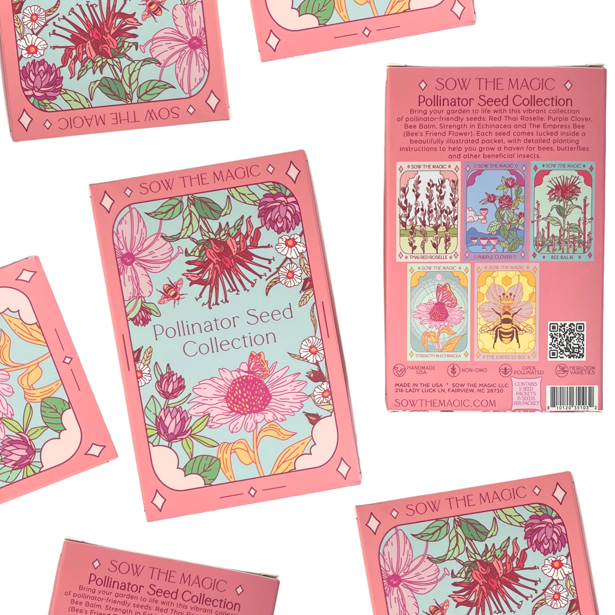 Multiple Sow The Magic Pollinator Seed Collection boxes shown front and back, with seed packet illustrations and planting details.