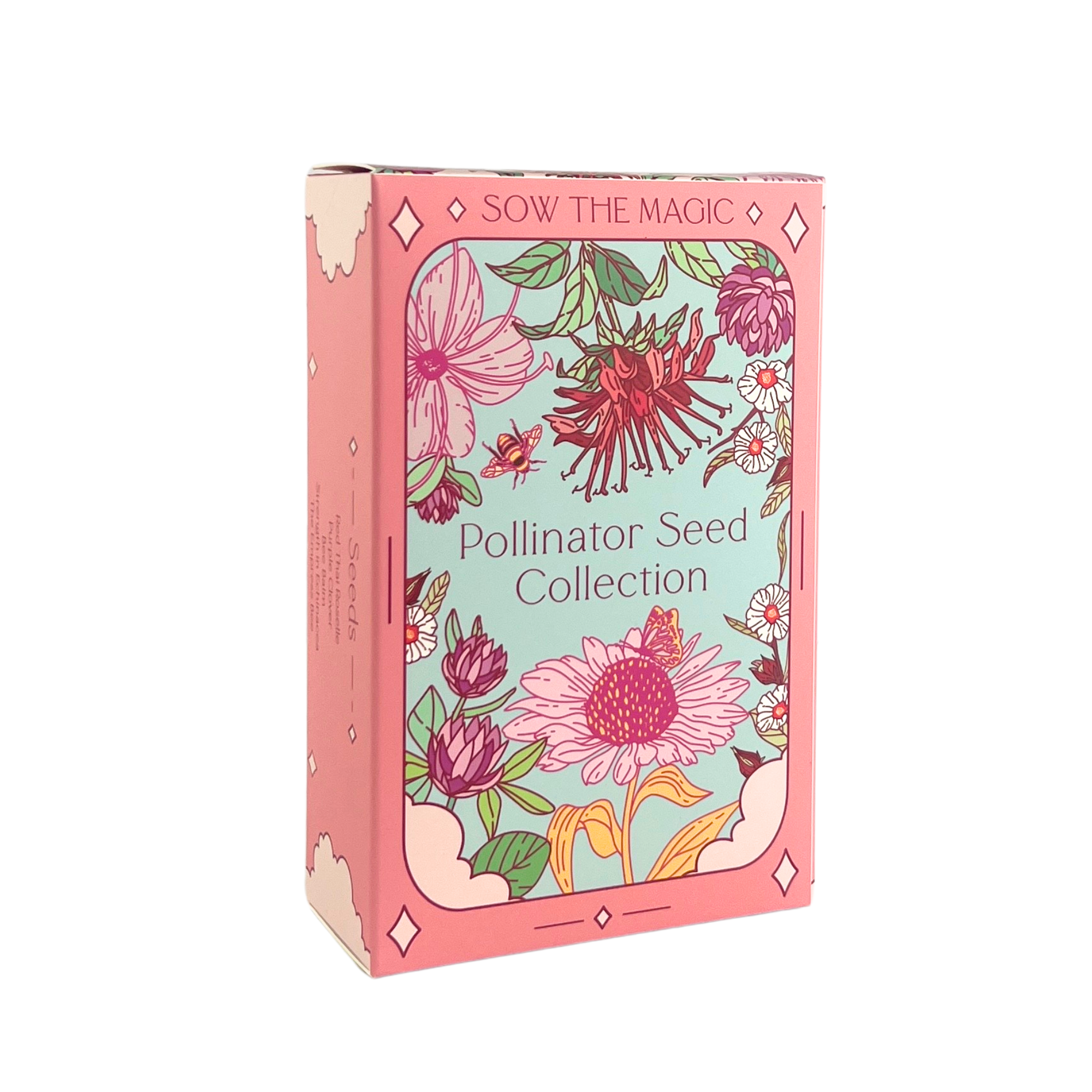Sow The Magic Pollinator Seed Collection gift box with colorful illustrated flowers and bees on pink and teal packaging, angled front view.