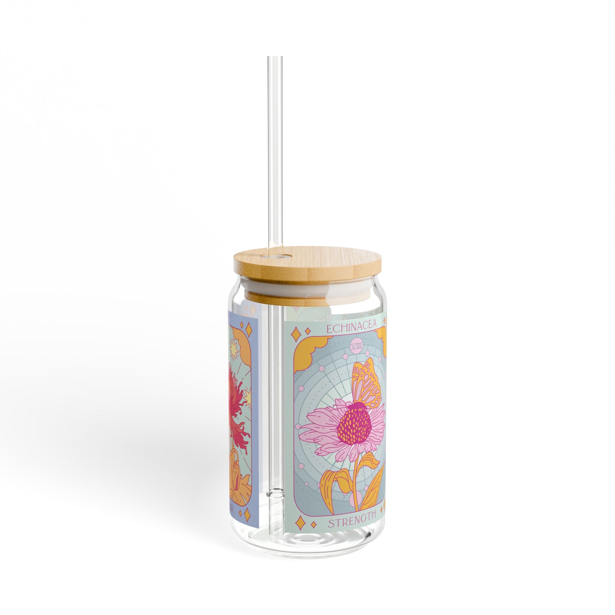 Sow the Magic Flower tarot glass tumbler with colorful botanical illustration and reusable straw