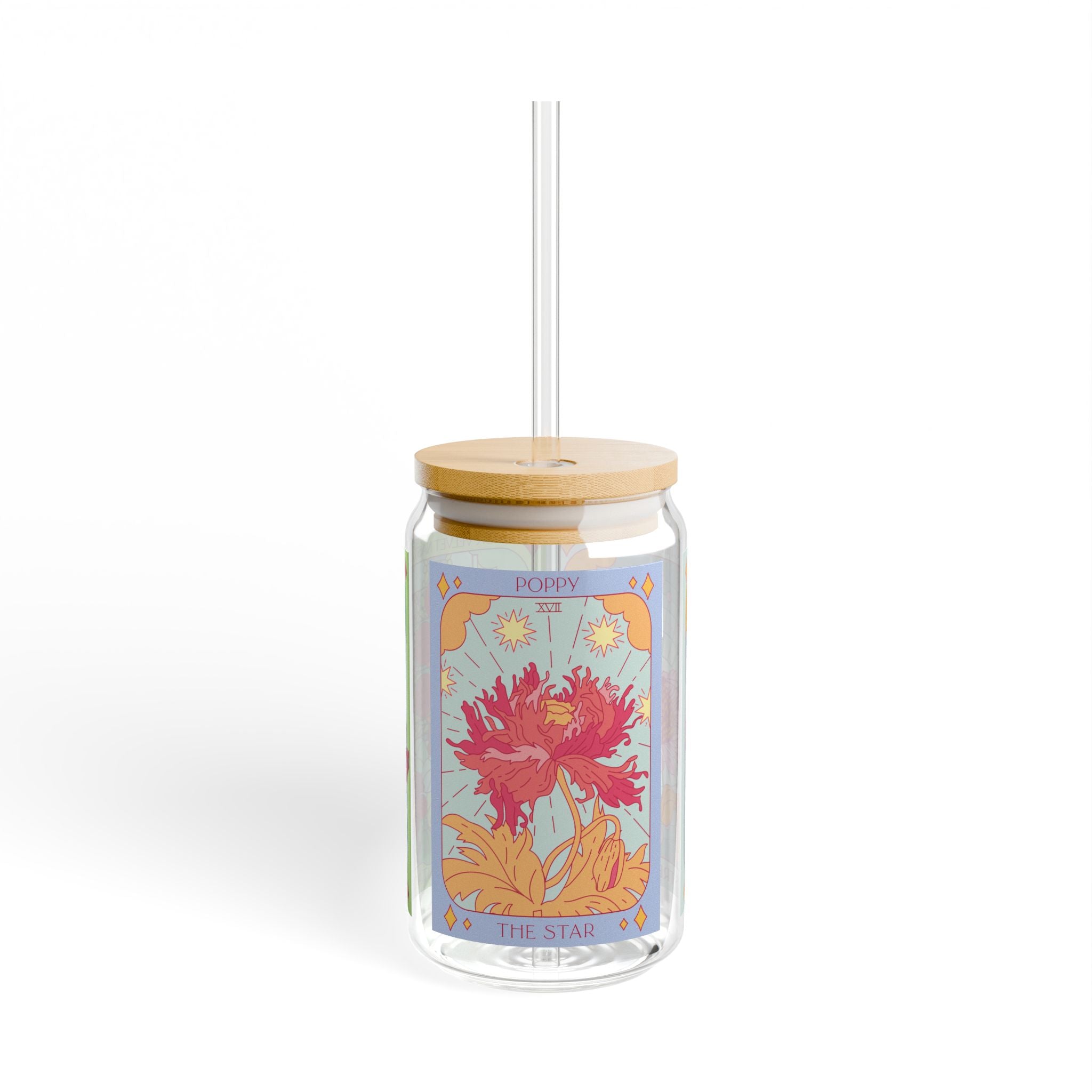 Sow the Magic Poppy The Star tarot seed packet illustration glass tumbler with bamboo lid and straw