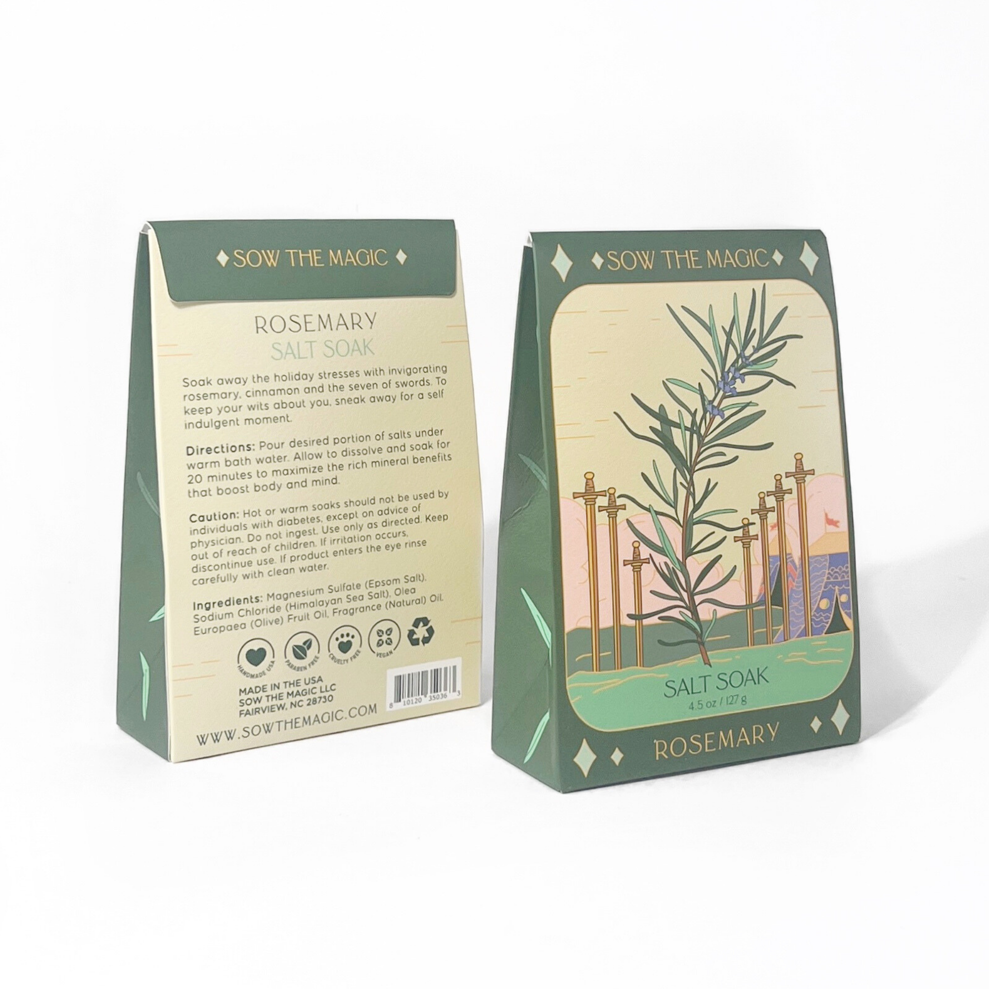 Front and back packaging of Rosemary Salt Soak tarot box showing artwork, directions, and ingredients