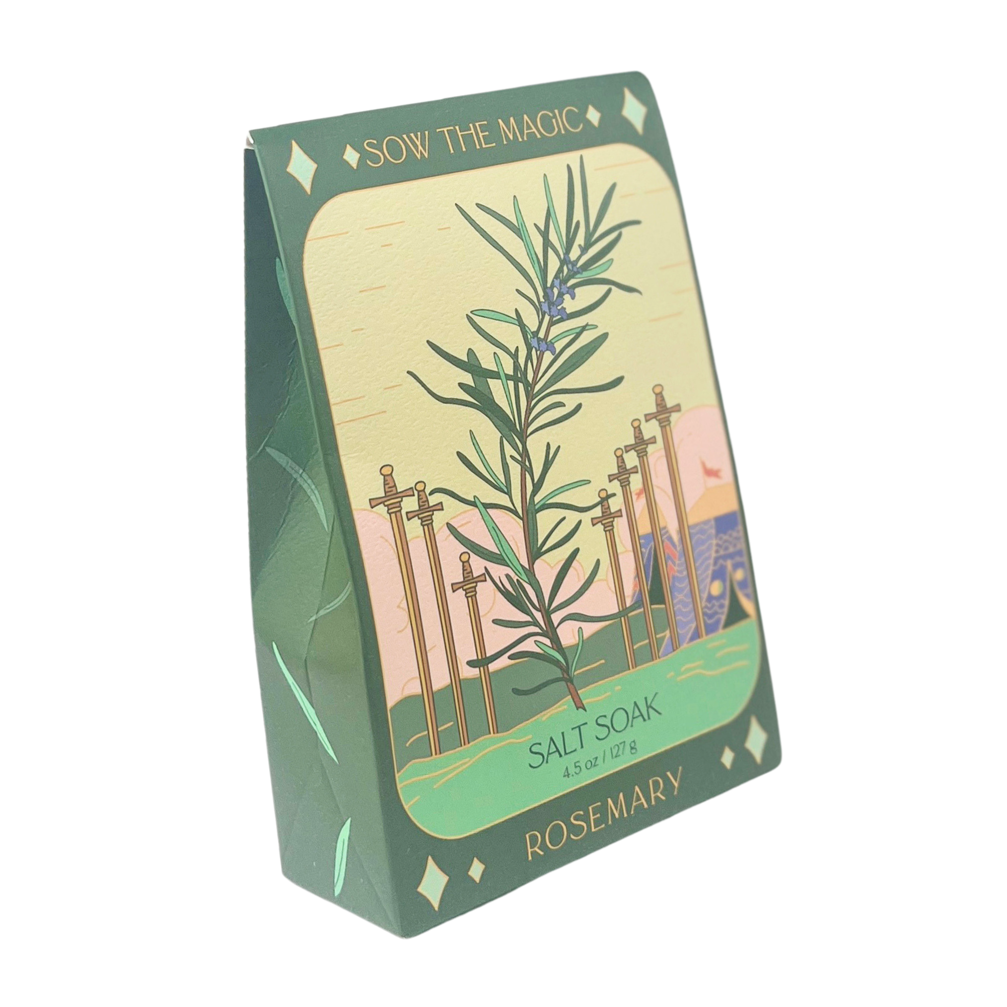 Angled side view of Sow the Magic Rosemary Salt Soak tarot packaging featuring the Seven of Swords design
