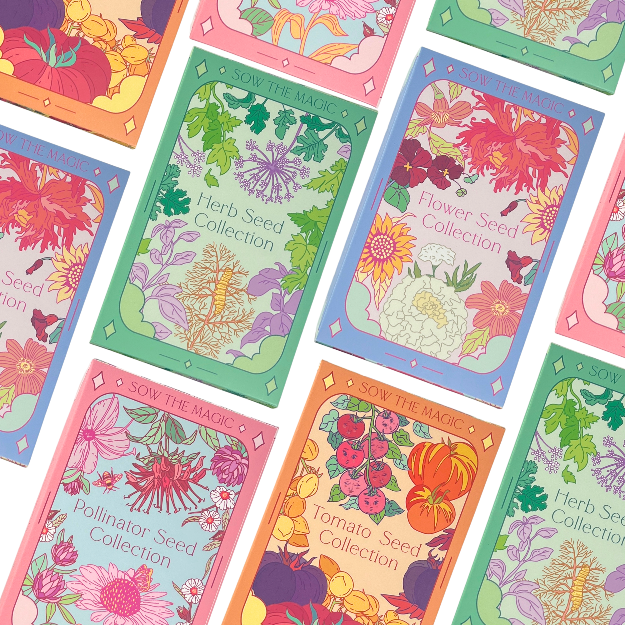 Flat lay of Sow The Magic seed collections including Tomato, Herb, Pollinator, and Flower seed sets with vibrant illustrated packaging.