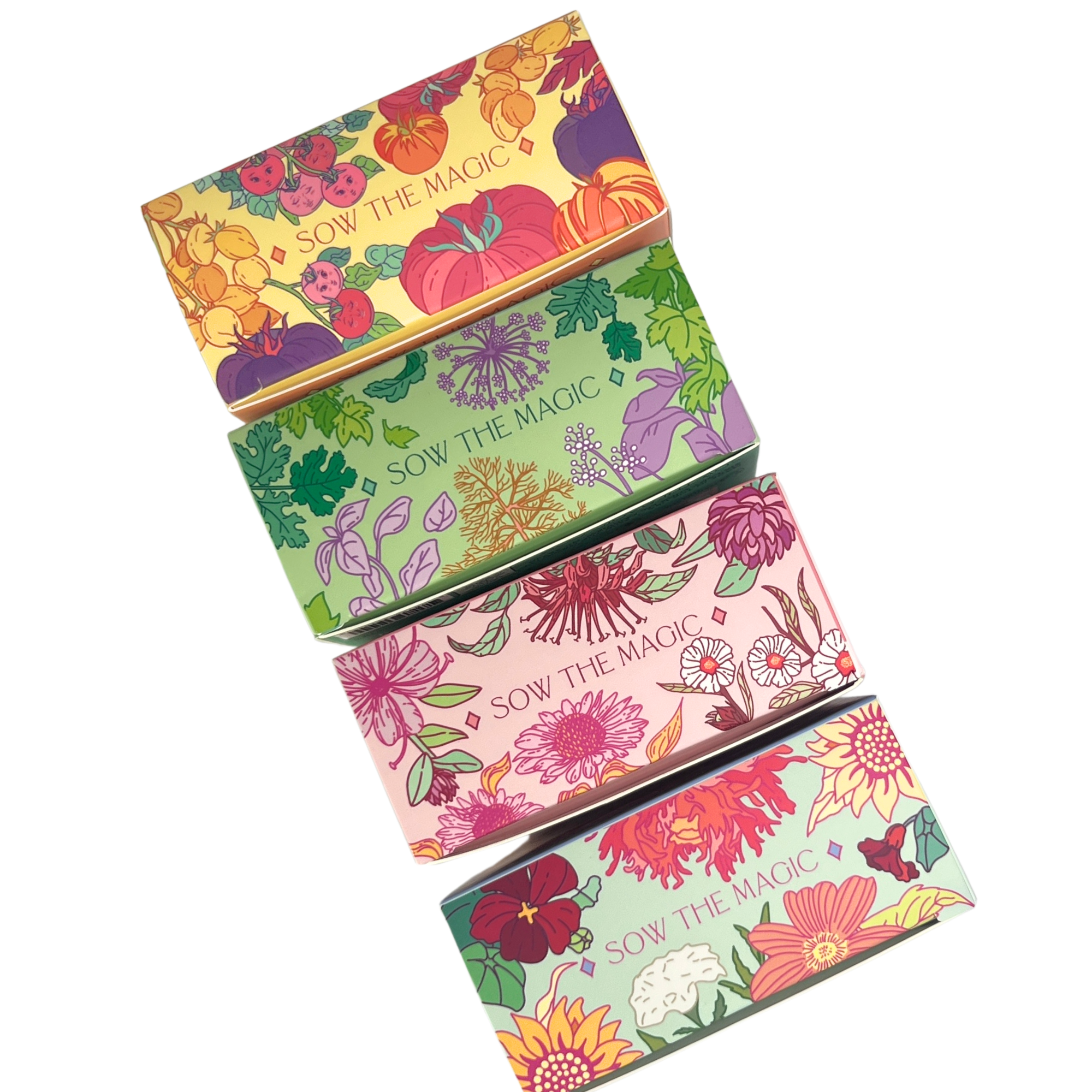 Stack of Sow The Magic seed collection boxes featuring tomato, herb, pollinator, and flower designs with colorful illustrated packaging.
