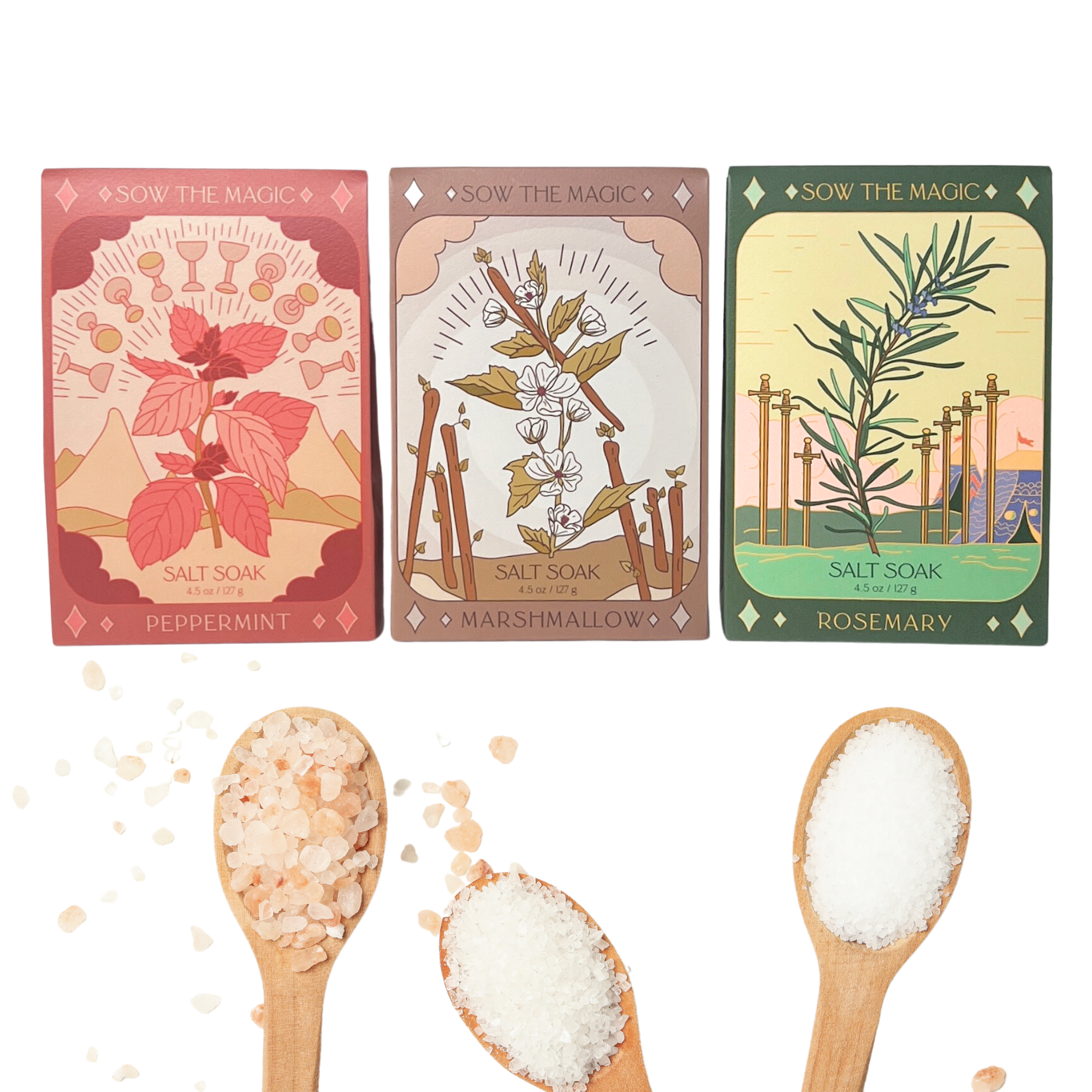 Trio of Sow the Magic tarot salt soaks featuring Peppermint, Marshmallow, and Rosemary with wooden spoons of bath salts