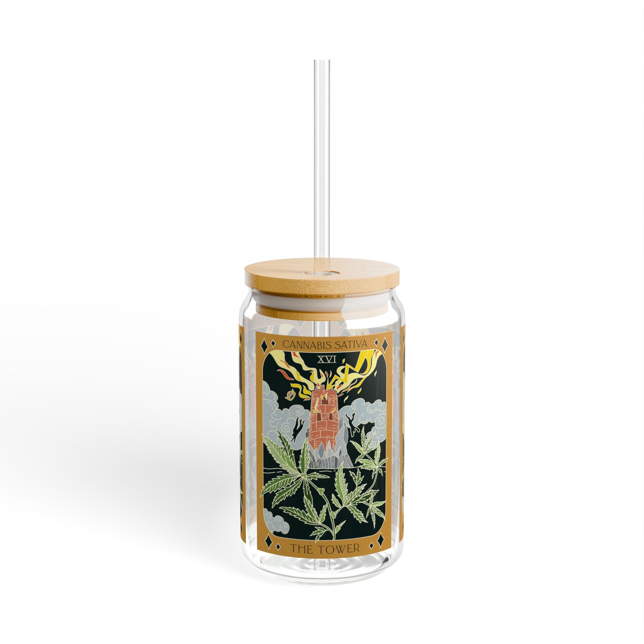 Sow The Magic Tower Cannabis Sativa tarot glass tumbler with botanical artwork, bamboo lid and clear straw