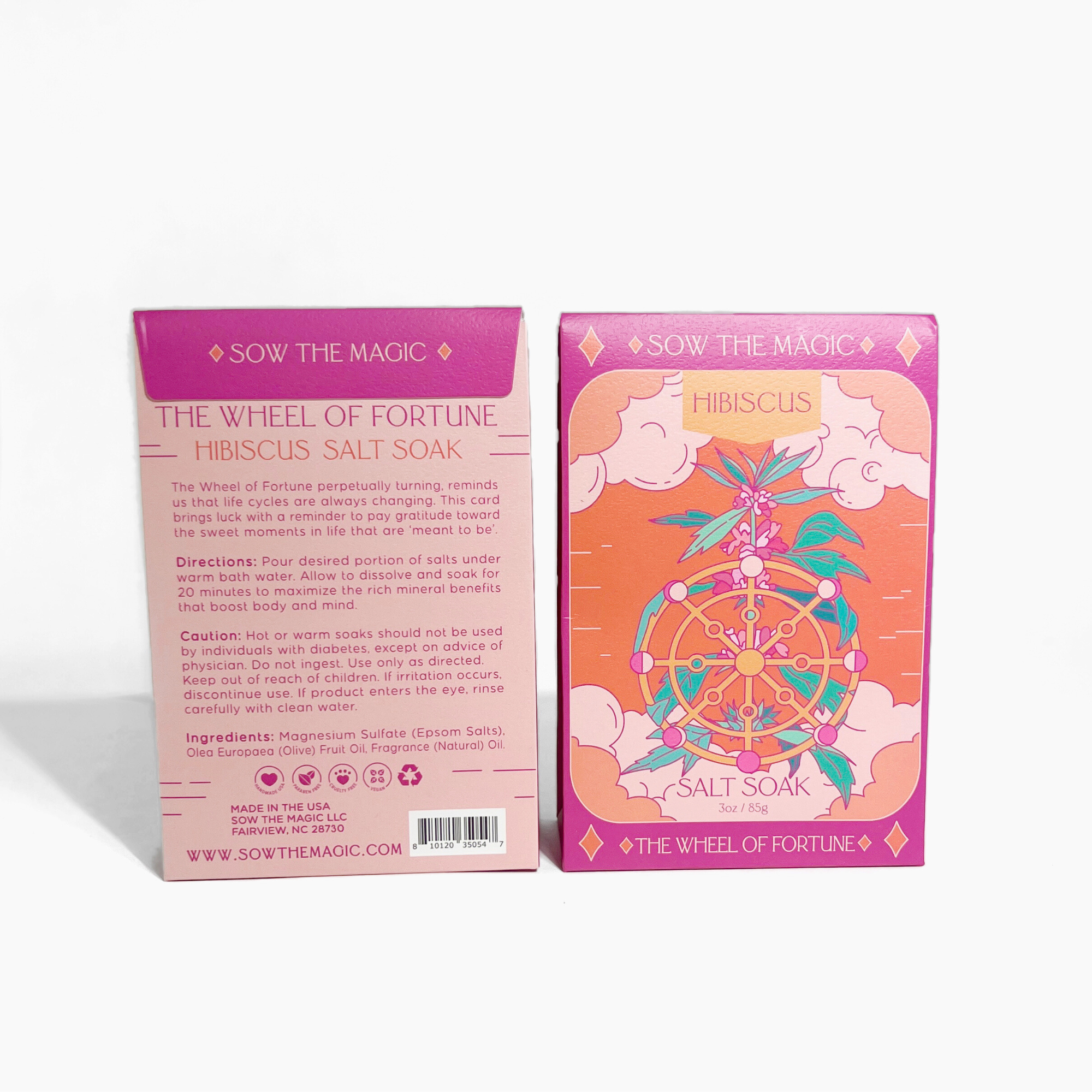 Wheel of Fortune Hibiscus Salt Soak tarot-inspired packaging showing front and back product details